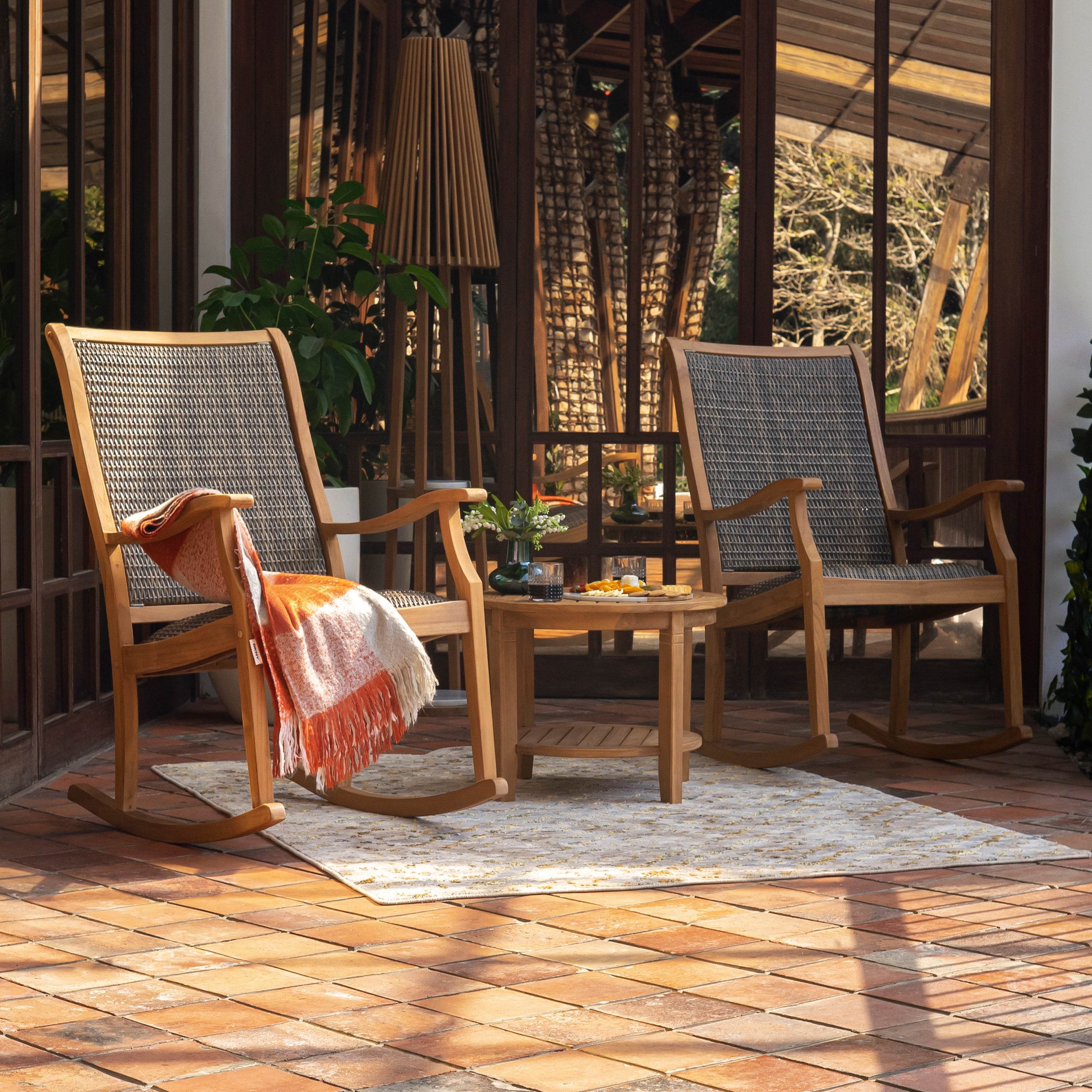 Dunham Teak Wood 3 Piece Porch Rocker Conversation Set with Padded Woven Seat - Image 3