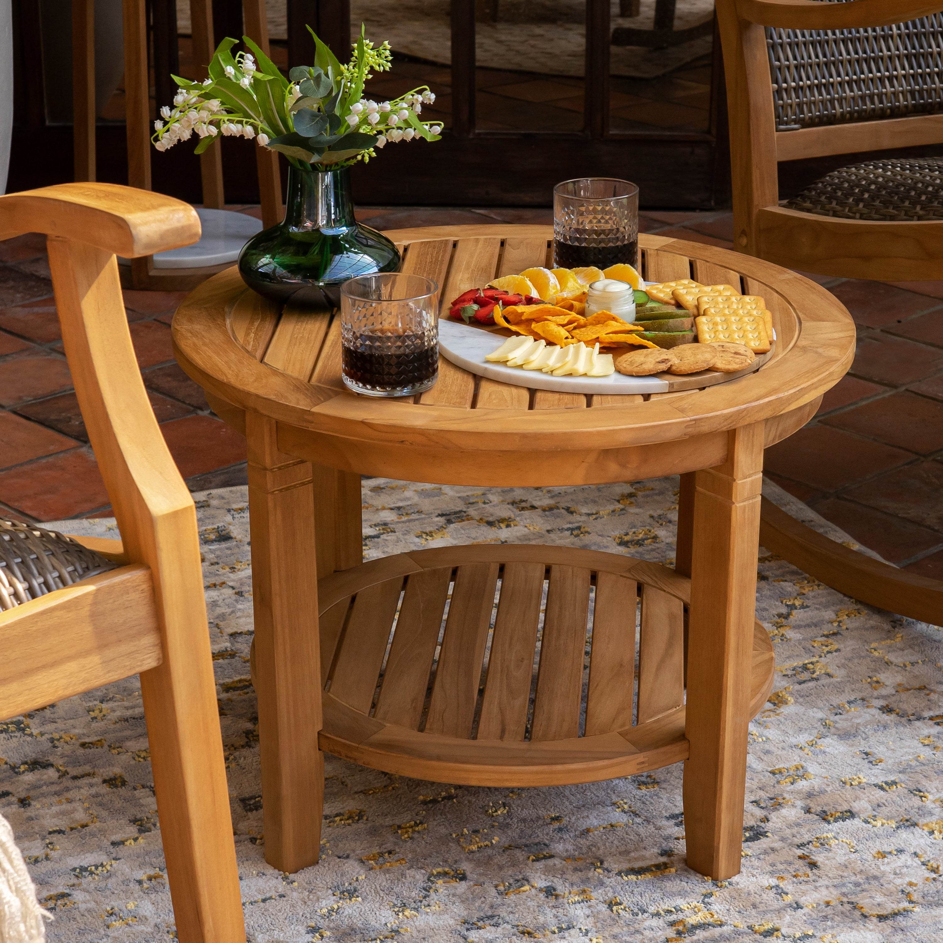 Dunham Teak Wood 3 Piece Porch Rocker Conversation Set with Padded Woven Seat - Image 4