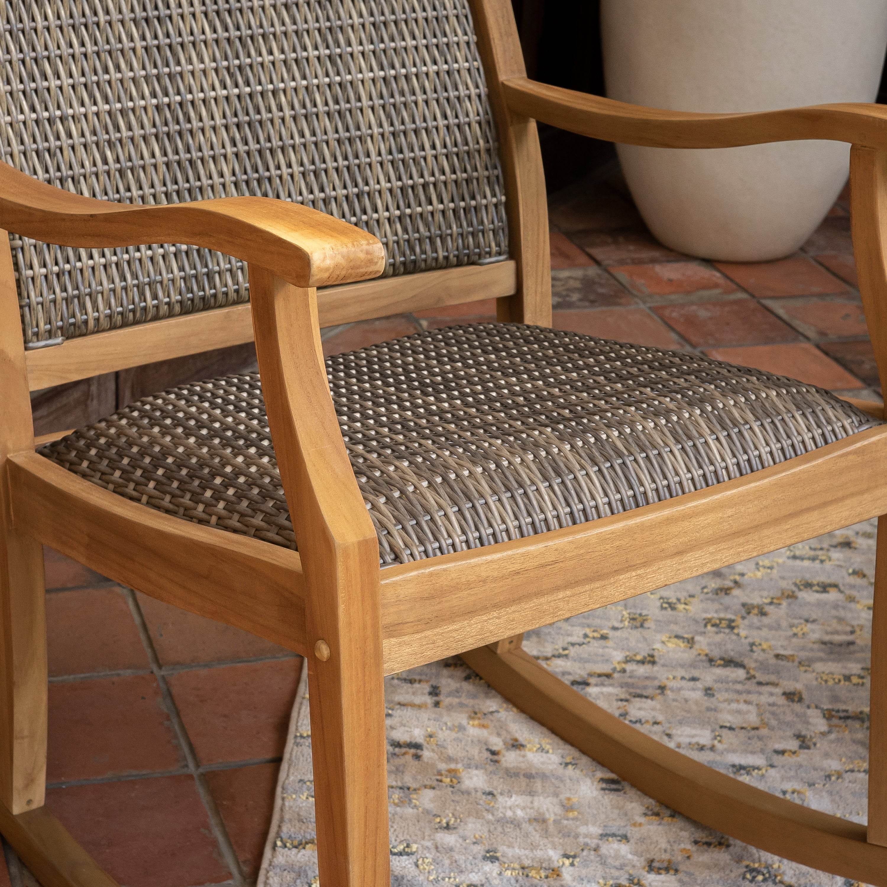 Dunham Teak Wood 3 Piece Porch Rocker Conversation Set with Padded Woven Seat - Image 8