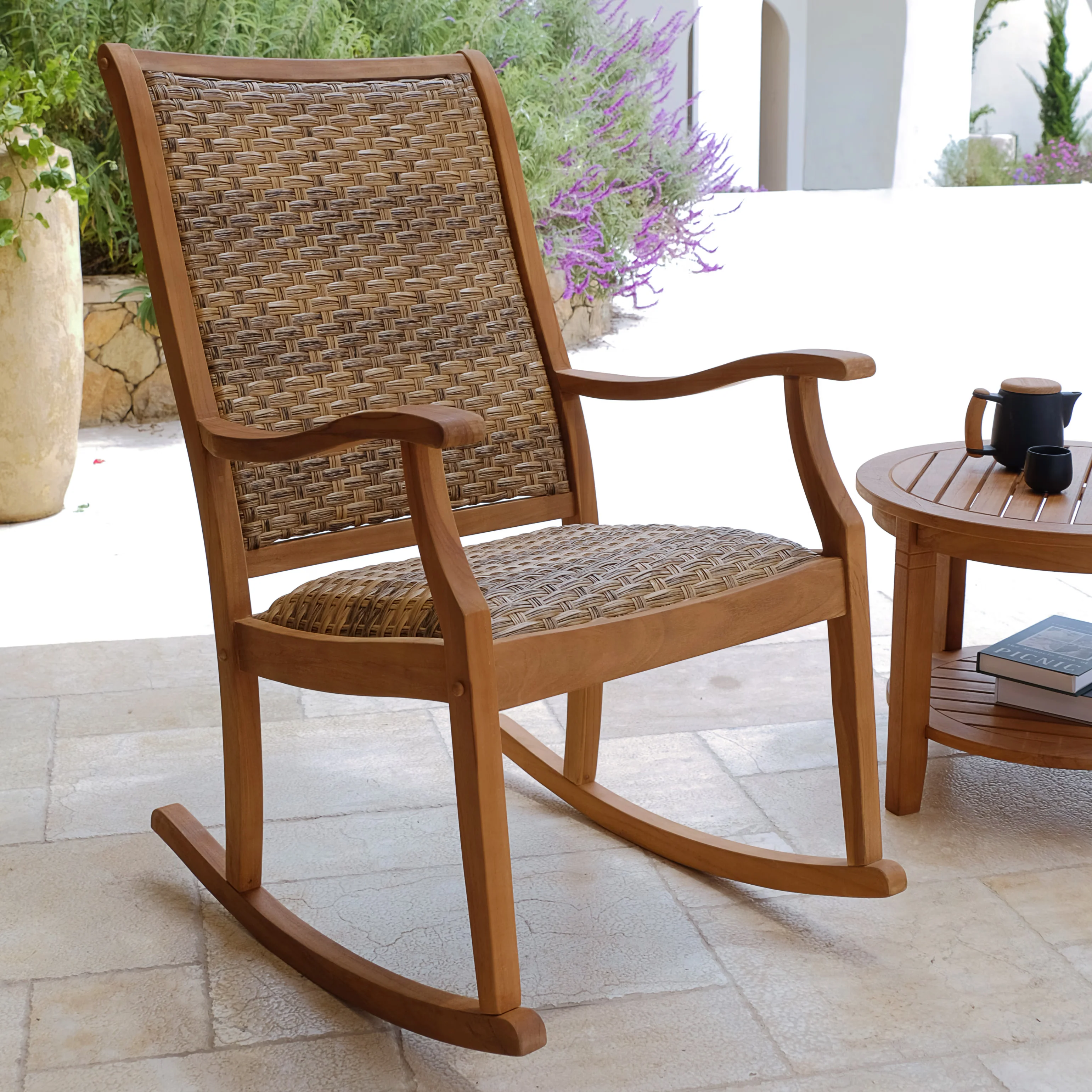 Dunham Teak Wood Outdoor Rocking Chair with Padded Woven Seat - Image 5