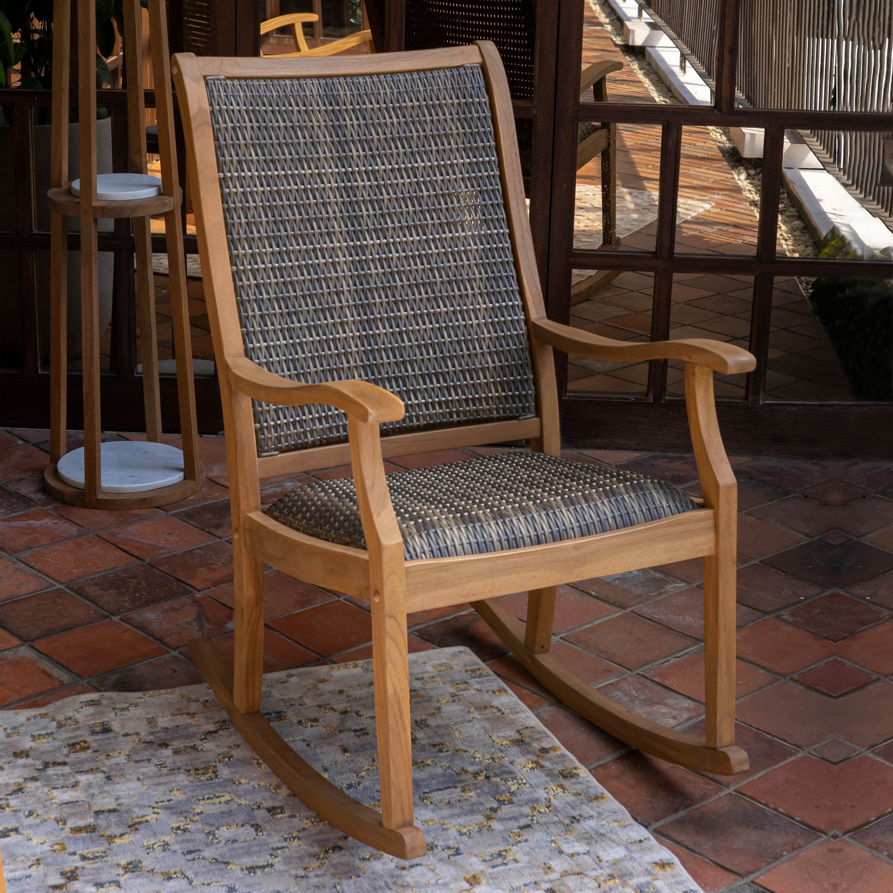 Dunham Teak Wood Porch Rocking Chair with Padded Woven Seat - Image 3