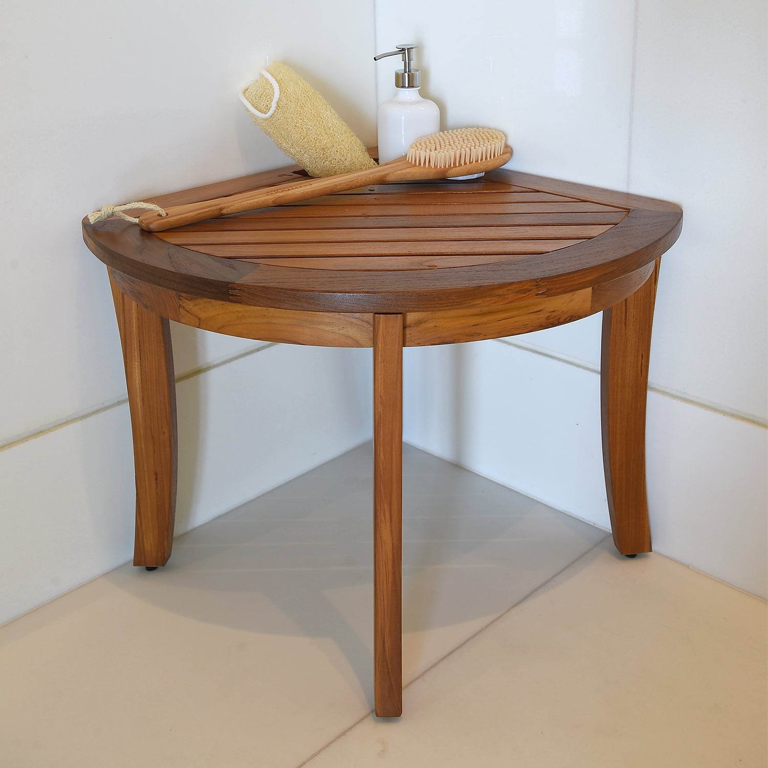 Dussi Teak Wood Corner Shower Bench Stool with Toiletries Holder - Image 3