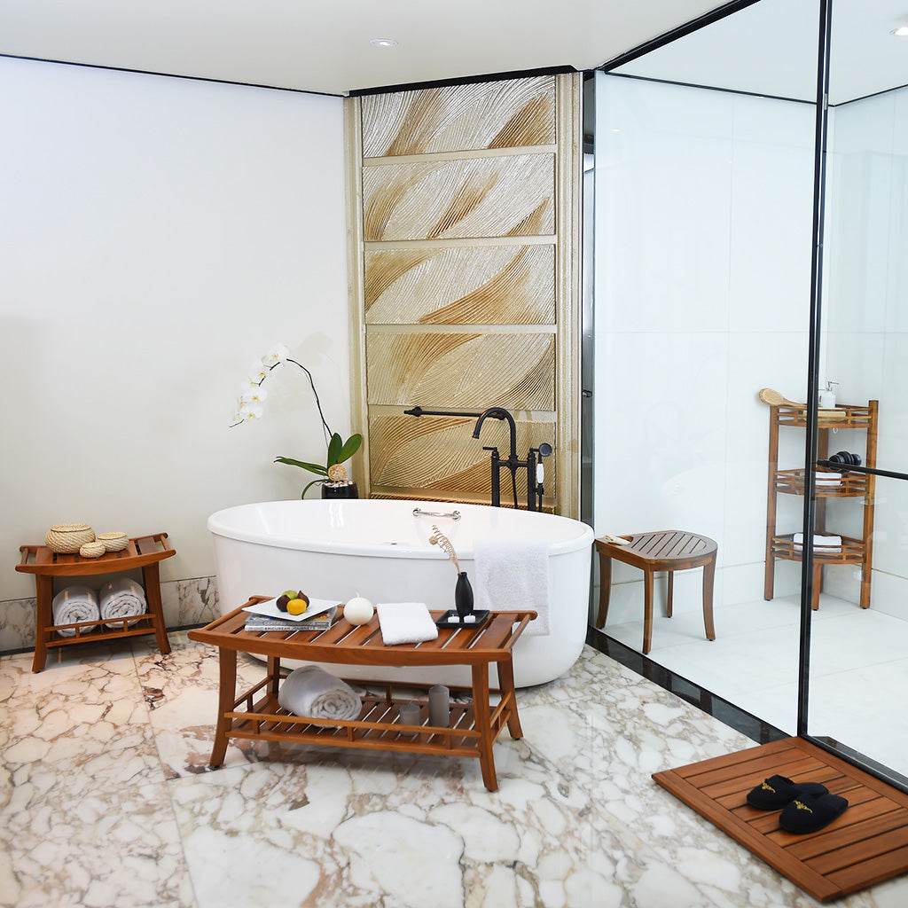 Dussi Teak Wood Corner Shower Bench Stool with Toiletries Holder - Image 6