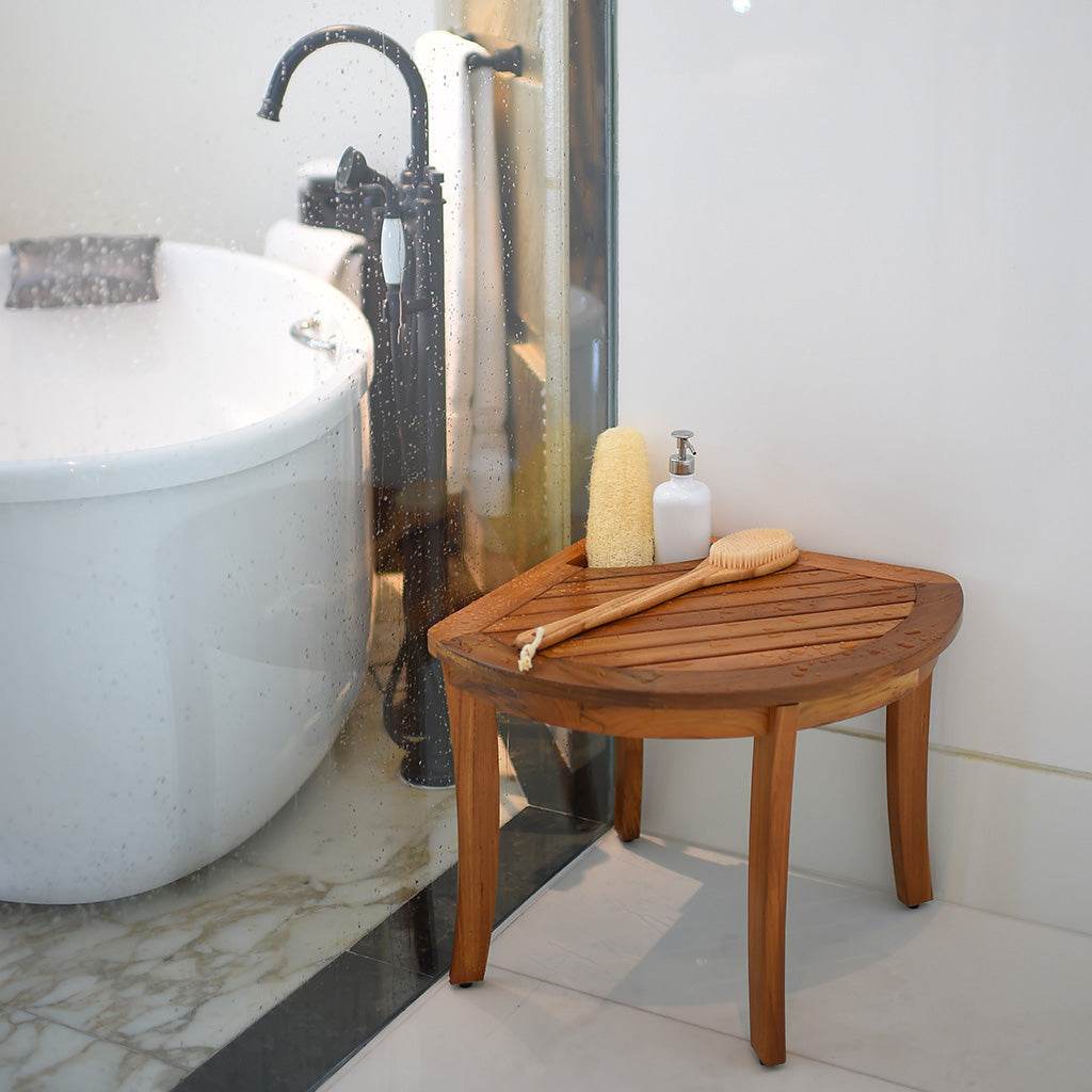 Dussi Teak Wood Corner Shower Bench Stool with Toiletries Holder - Image 7