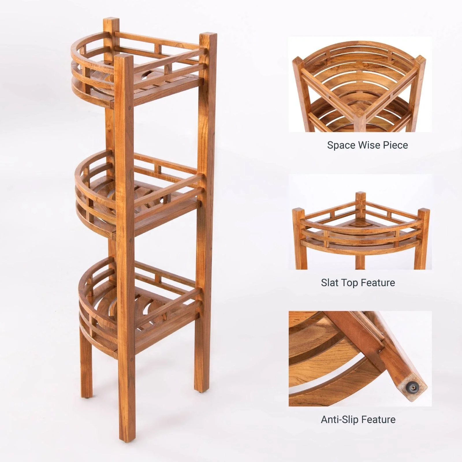 Dussi Teak Wood Freestanding 3 Tier Corner Bathroom Storage Shelf - Image 4