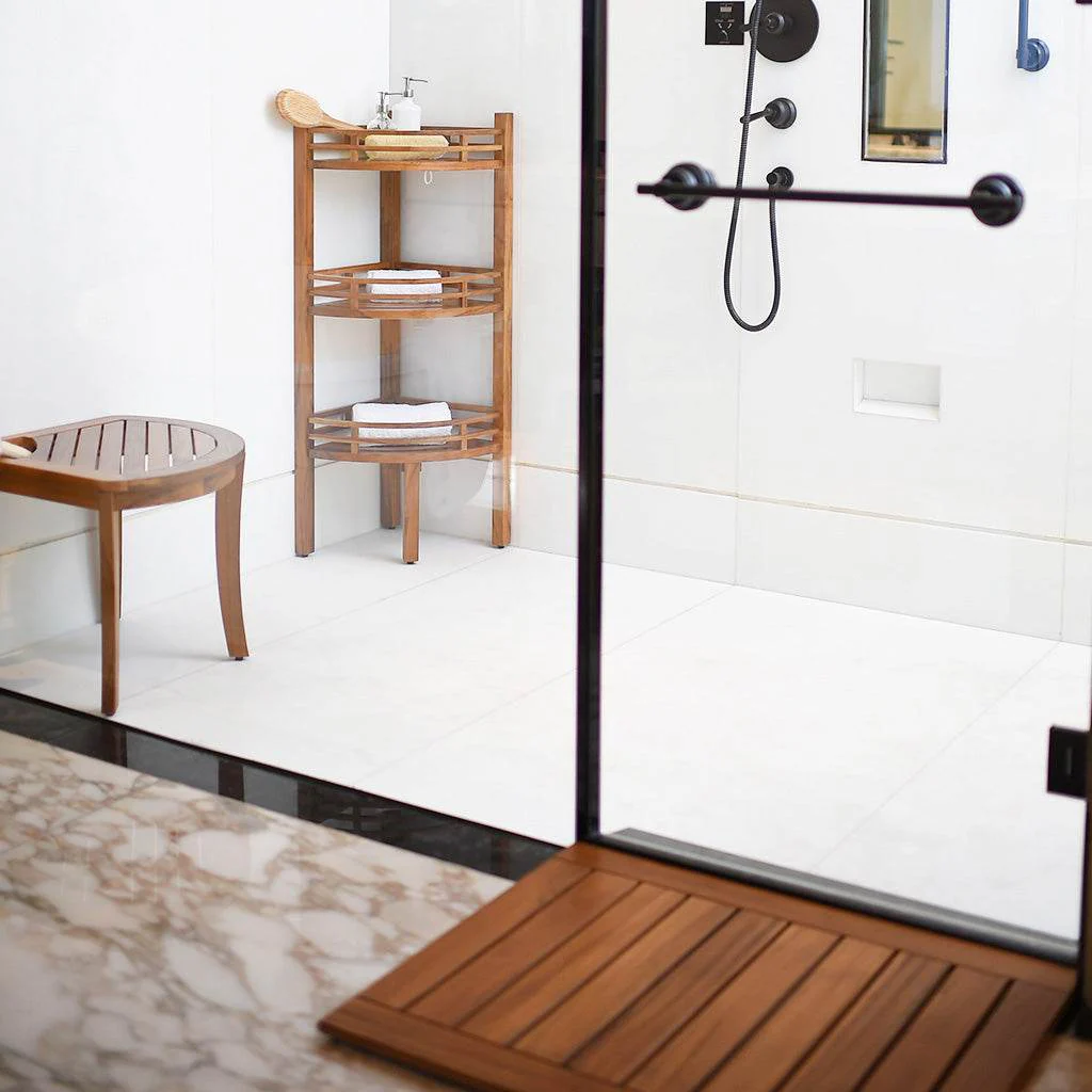 Dussi Teak Wood Freestanding 3 Tier Corner Bathroom Storage Shelf - Image 6