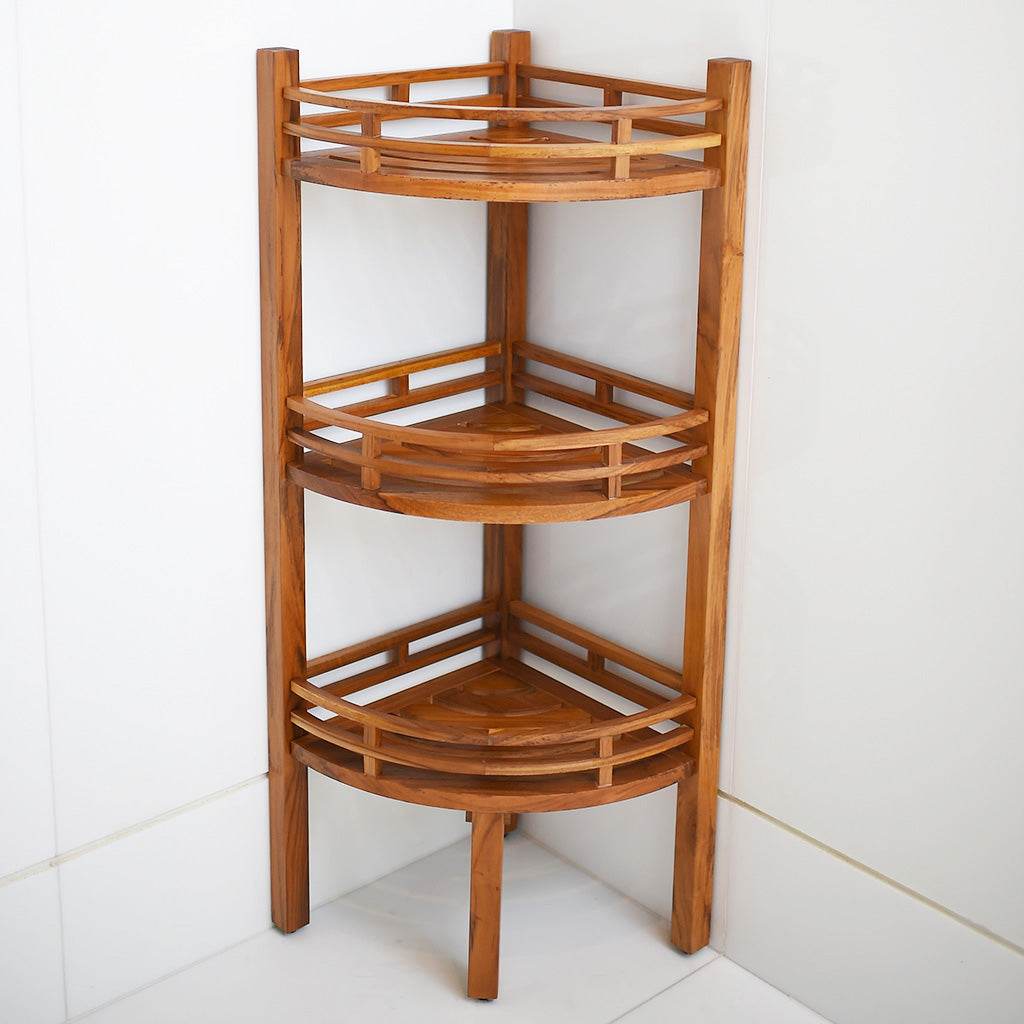 Dussi Teak Wood Freestanding 3 Tier Corner Bathroom Storage Shelf - Image 7
