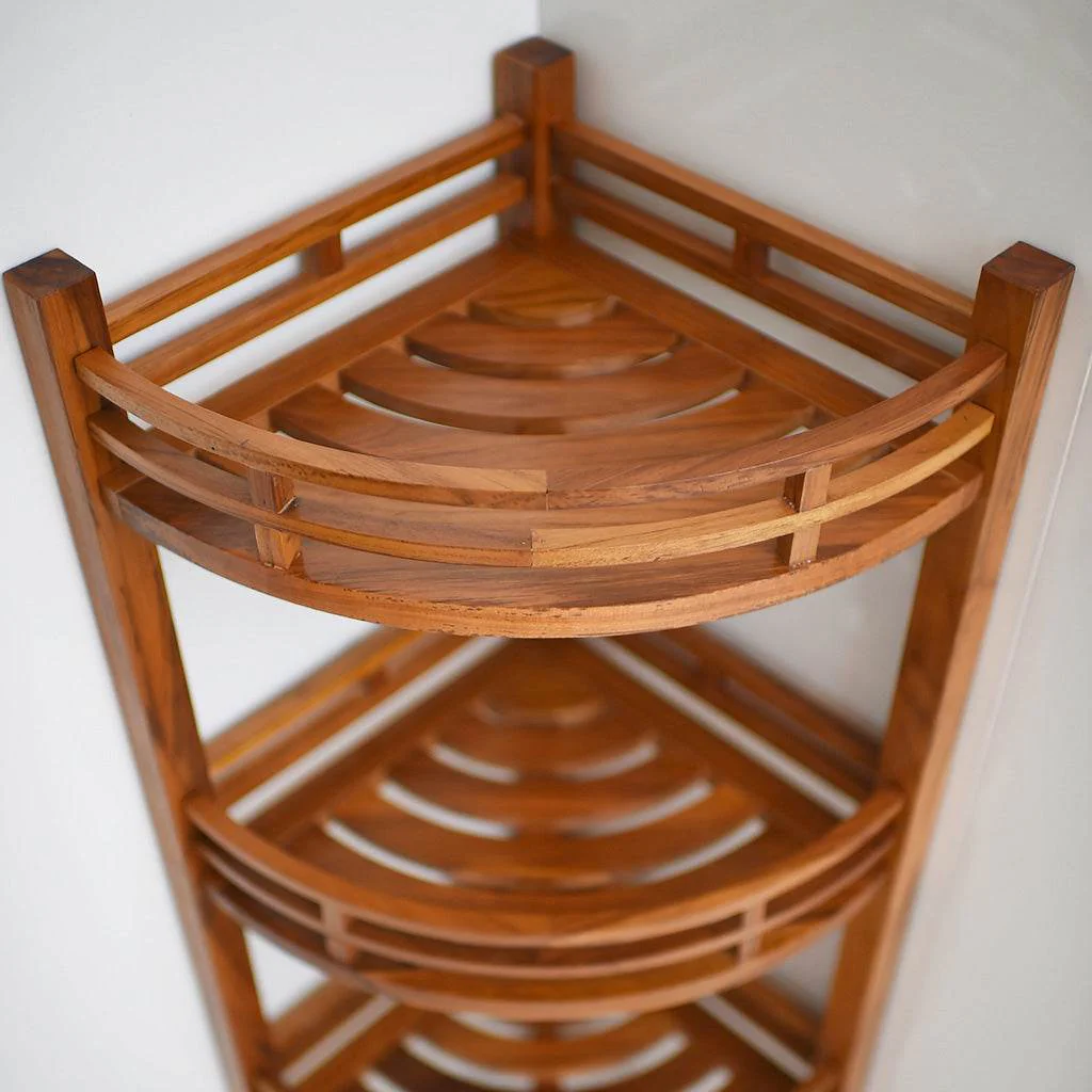 Dussi Teak Wood Freestanding 3 Tier Corner Bathroom Storage Shelf - Image 8