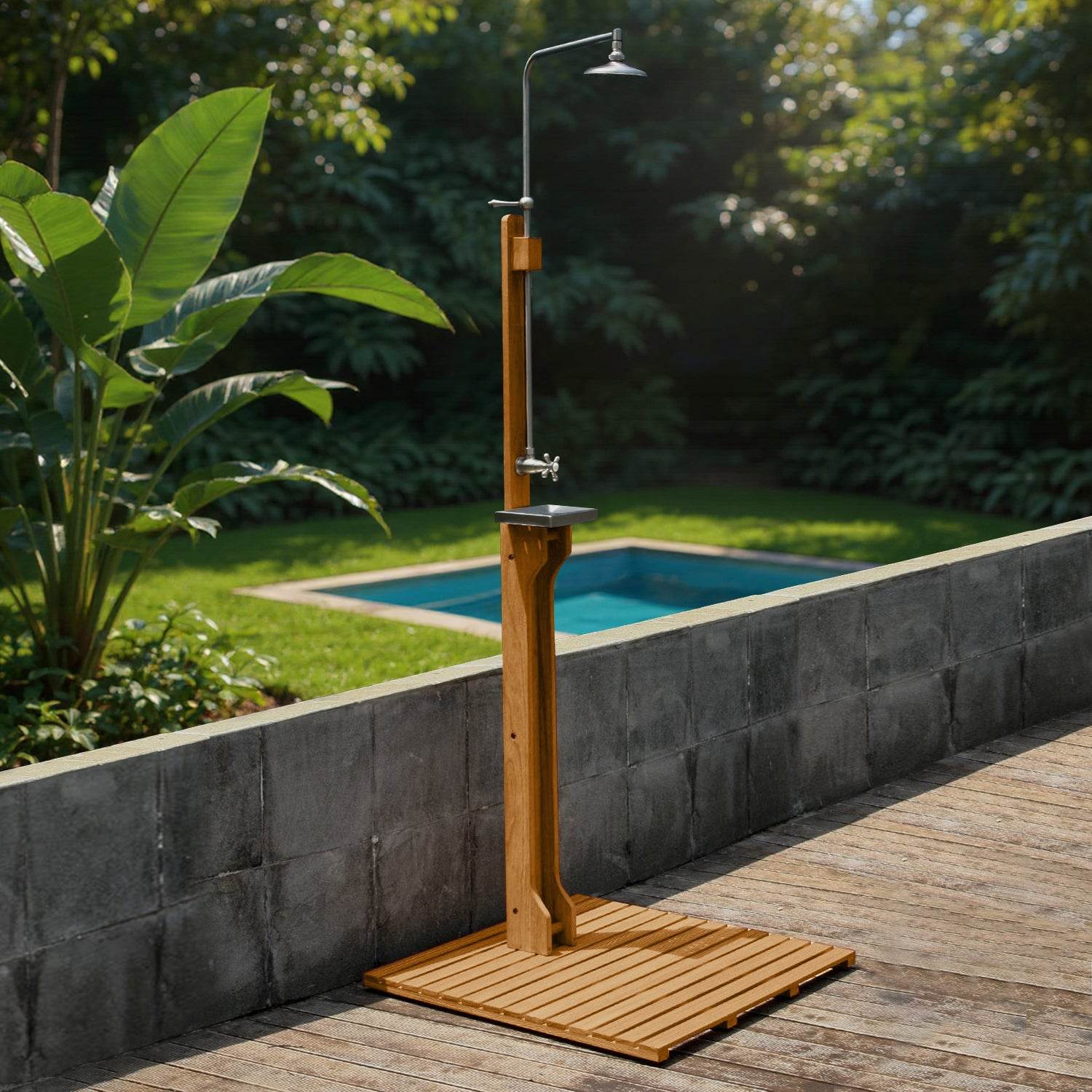 Dussi Teak Wood Freestanding Outdoor Shower and Footwash Spout - Image 3
