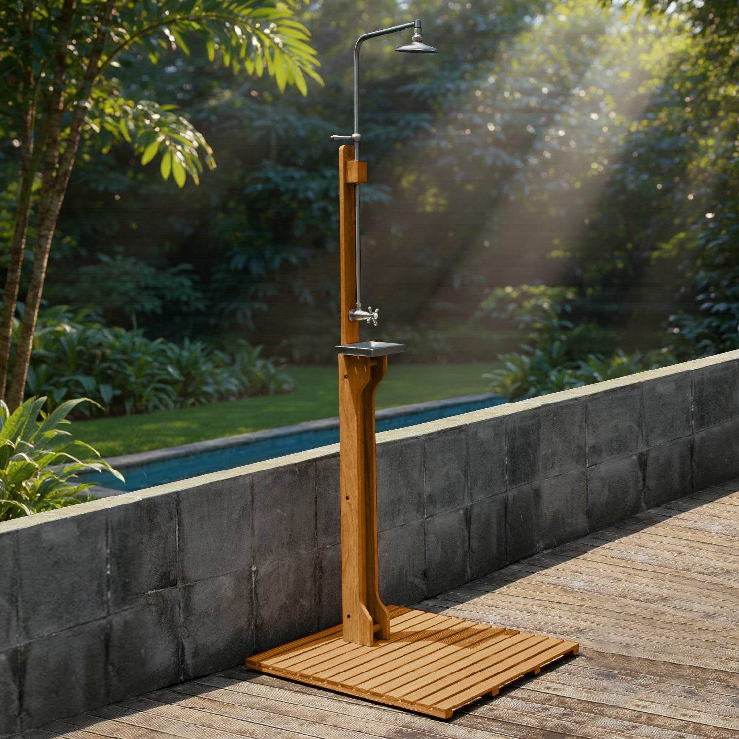 Dussi Teak Wood Freestanding Outdoor Shower and Footwash Spout - Image 4