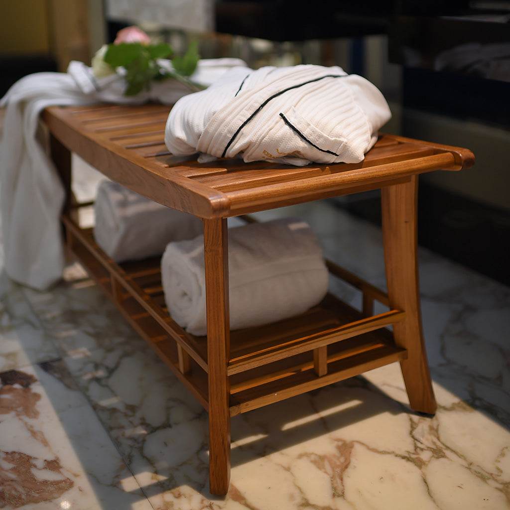 Dussi Teak Wood Large Shower Bench Stool with Shelf - Image 3