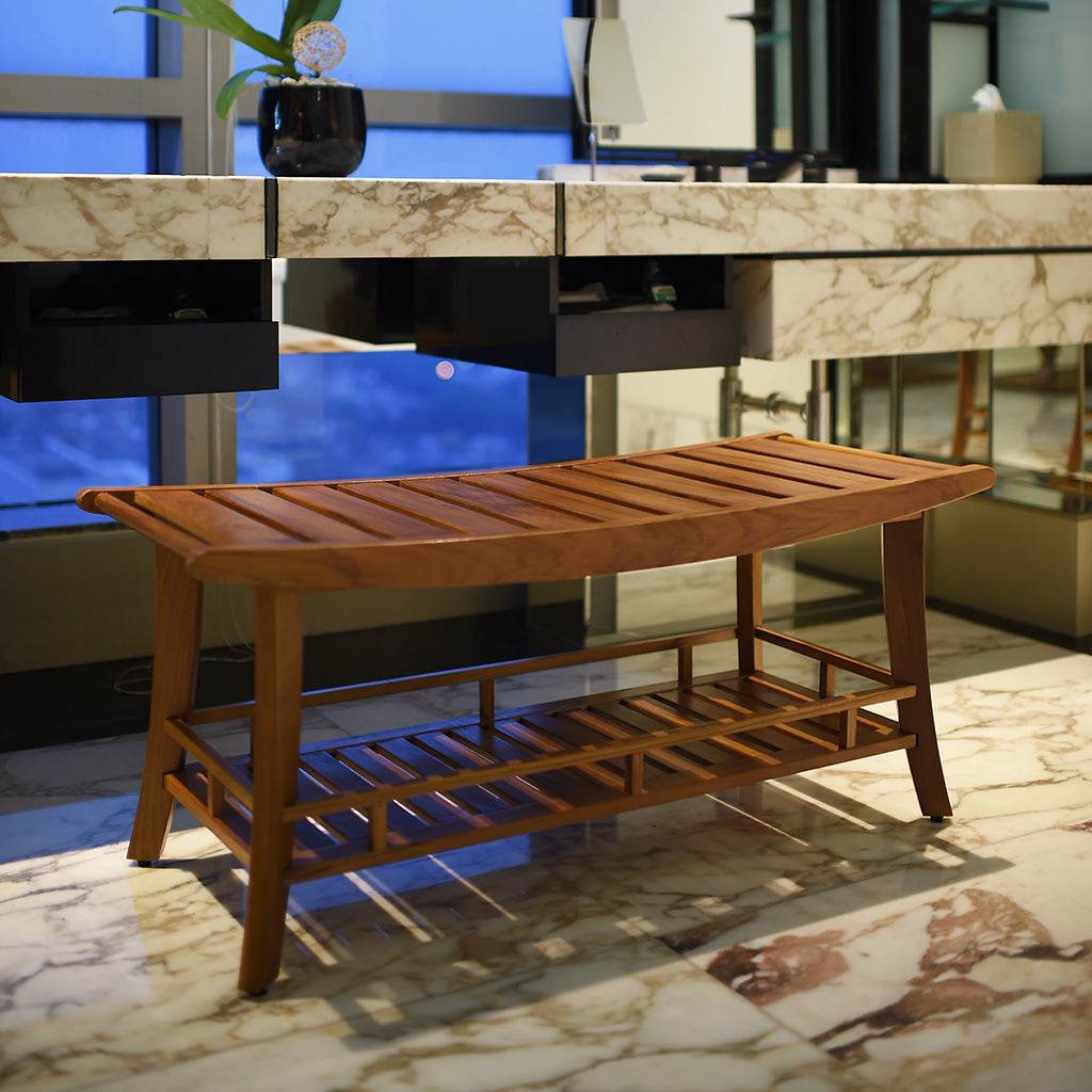 Dussi Teak Wood Large Shower Bench Stool with Shelf - Image 6