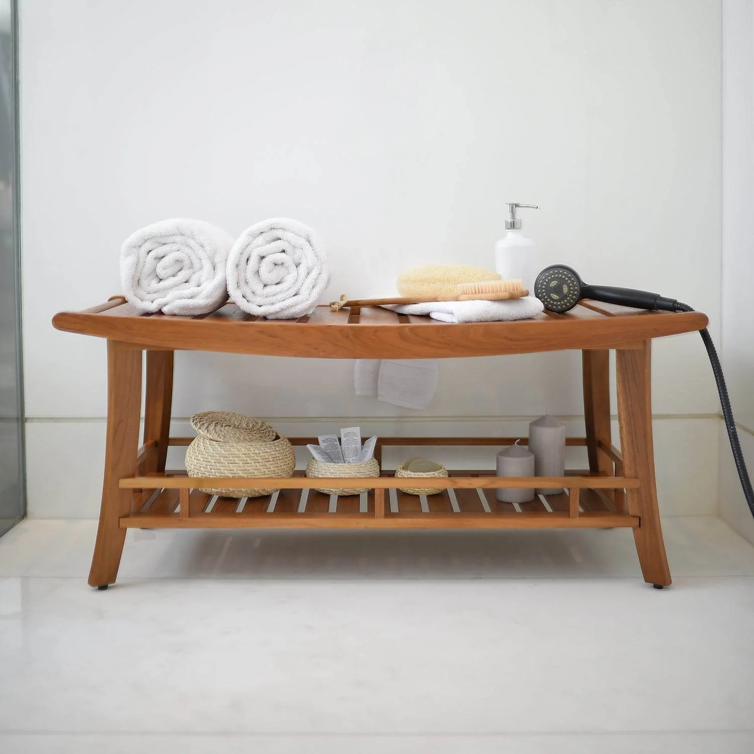 Dussi Teak Wood Large Shower Bench Stool with Shelf - Image 7