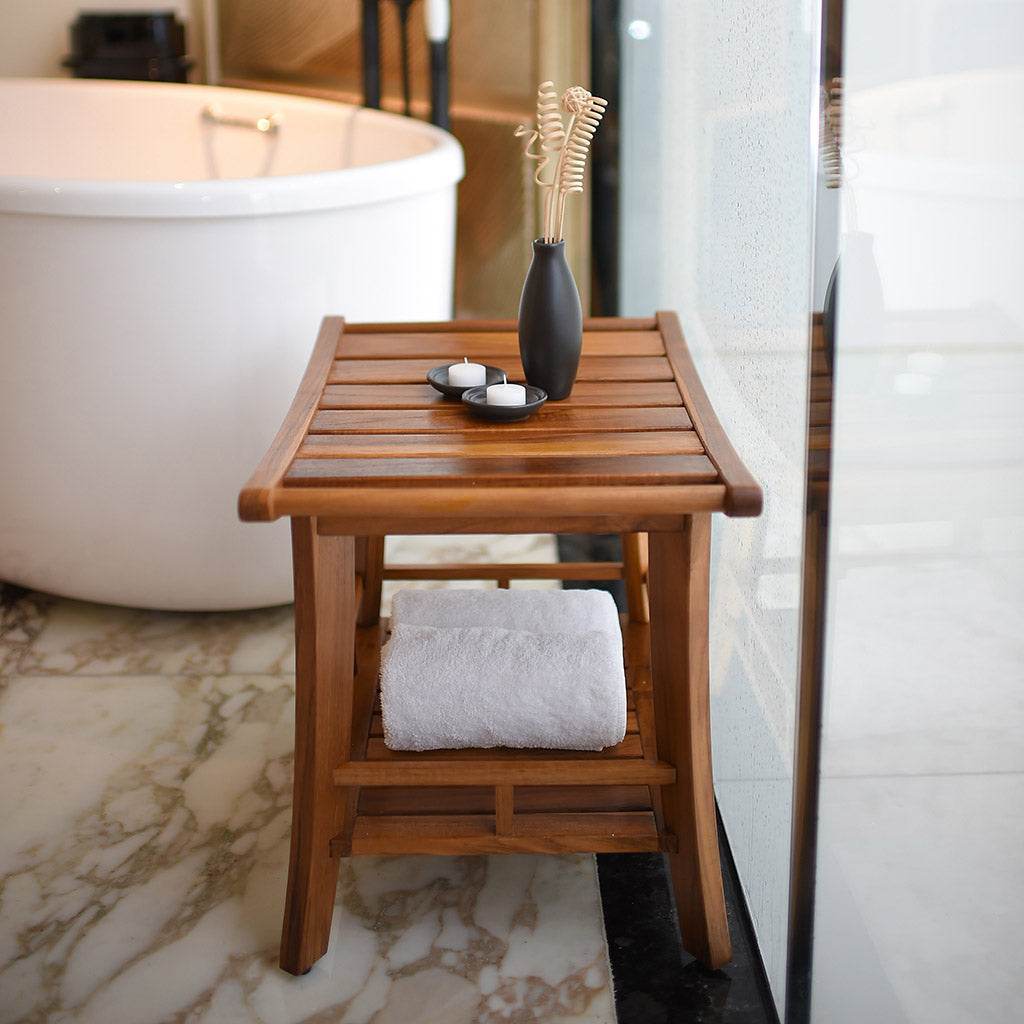 Dussi Teak Wood Shower Bench Stool with Shelf - Image 4
