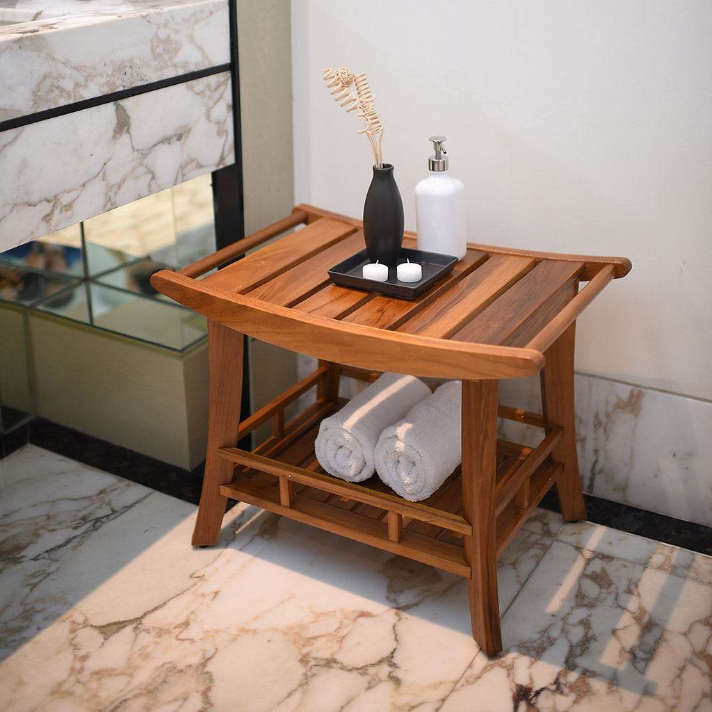 Dussi Teak Wood Shower Bench Stool with Shelf - Image 5