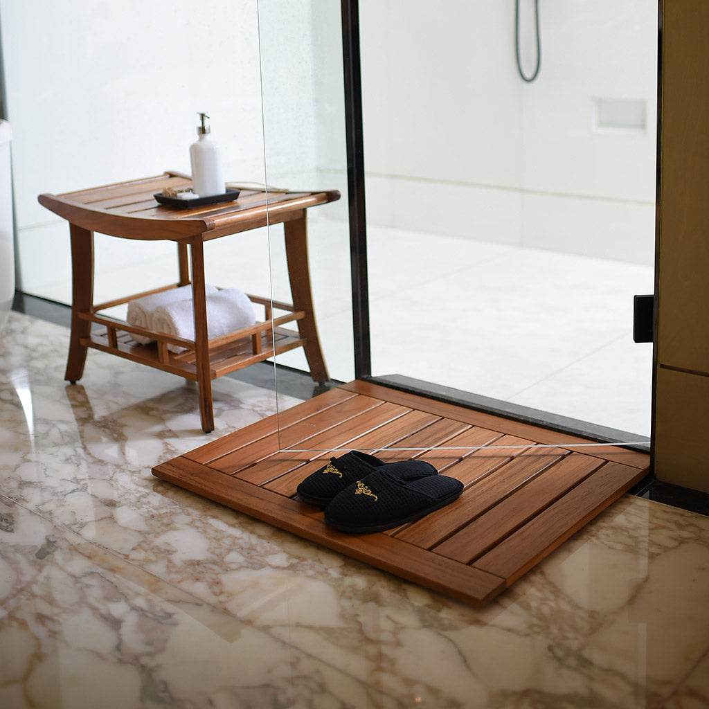 Dussi Teak Wood Shower Bench Stool with Shelf - Image 6