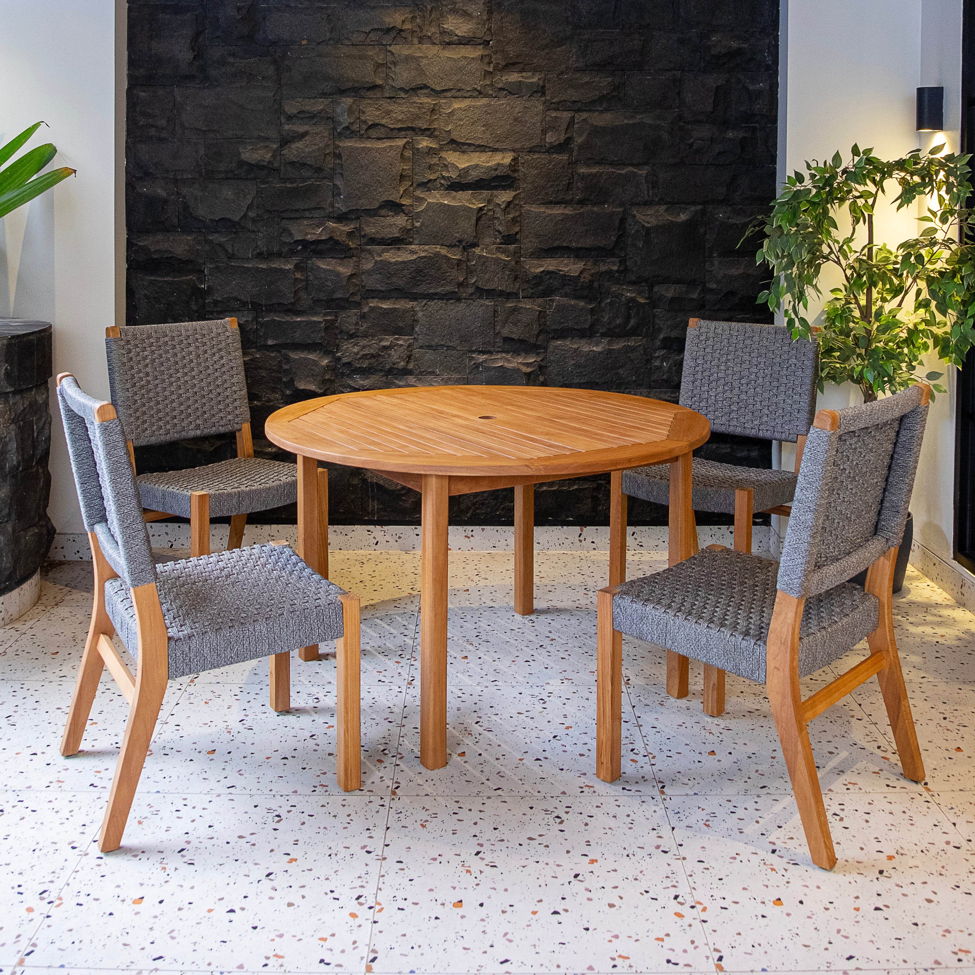 Eden 5 Piece Teak Wood Outdoor Dining Set with Gray Polyrope - Image 2