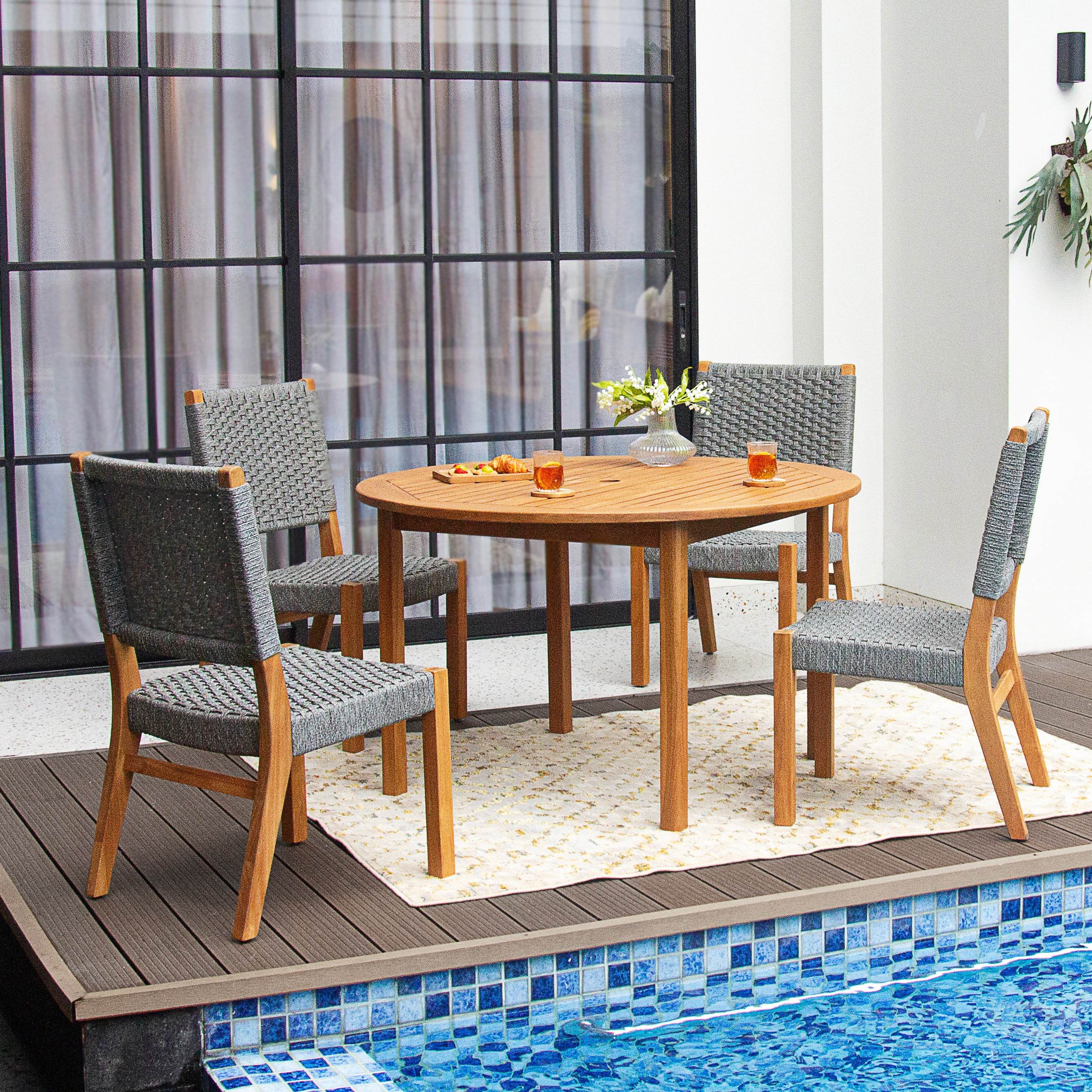 Eden 5 Piece Teak Wood Outdoor Dining Set with Gray Polyrope - Image 3