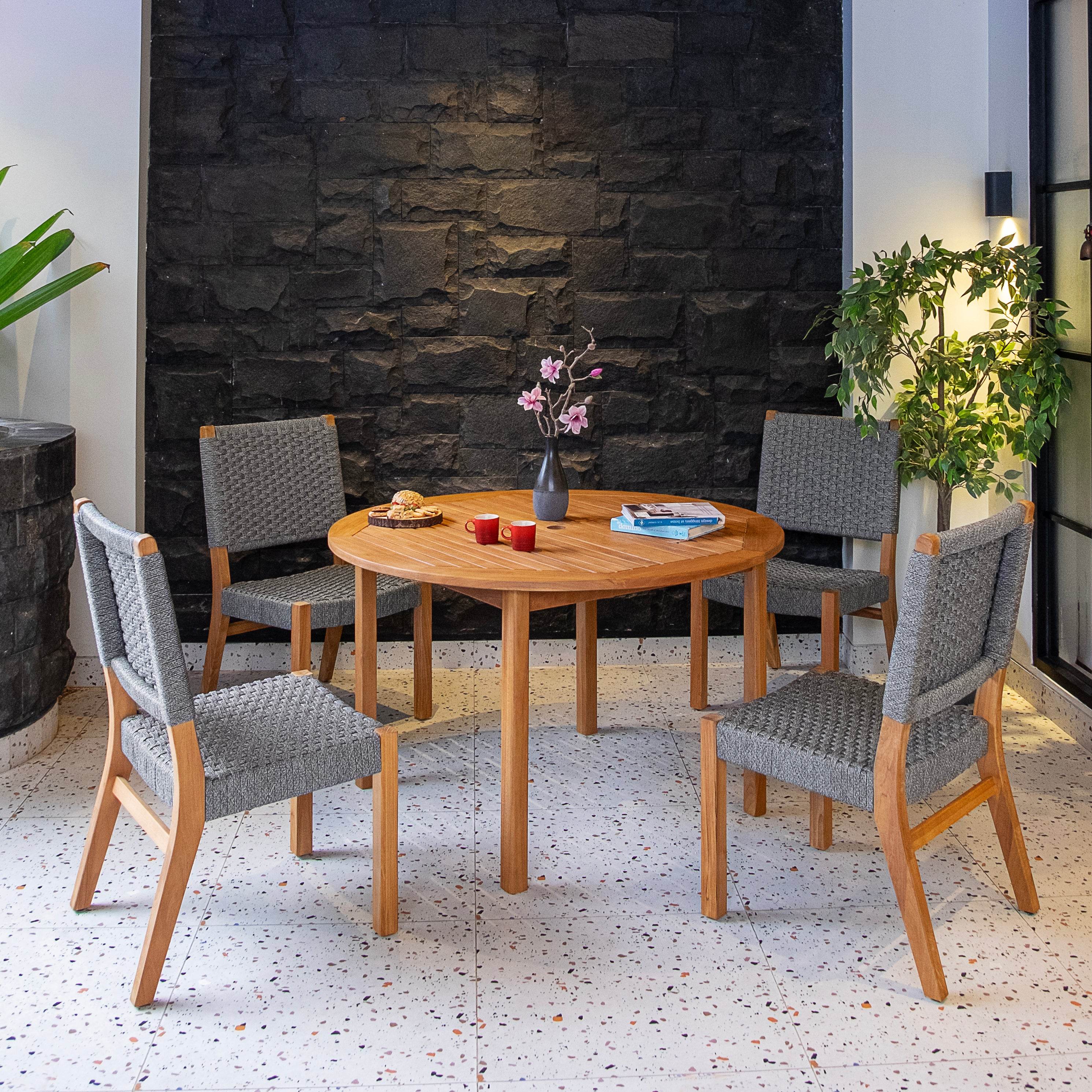 Eden 5 Piece Teak Wood Outdoor Dining Set with Gray Polyrope - Image 4