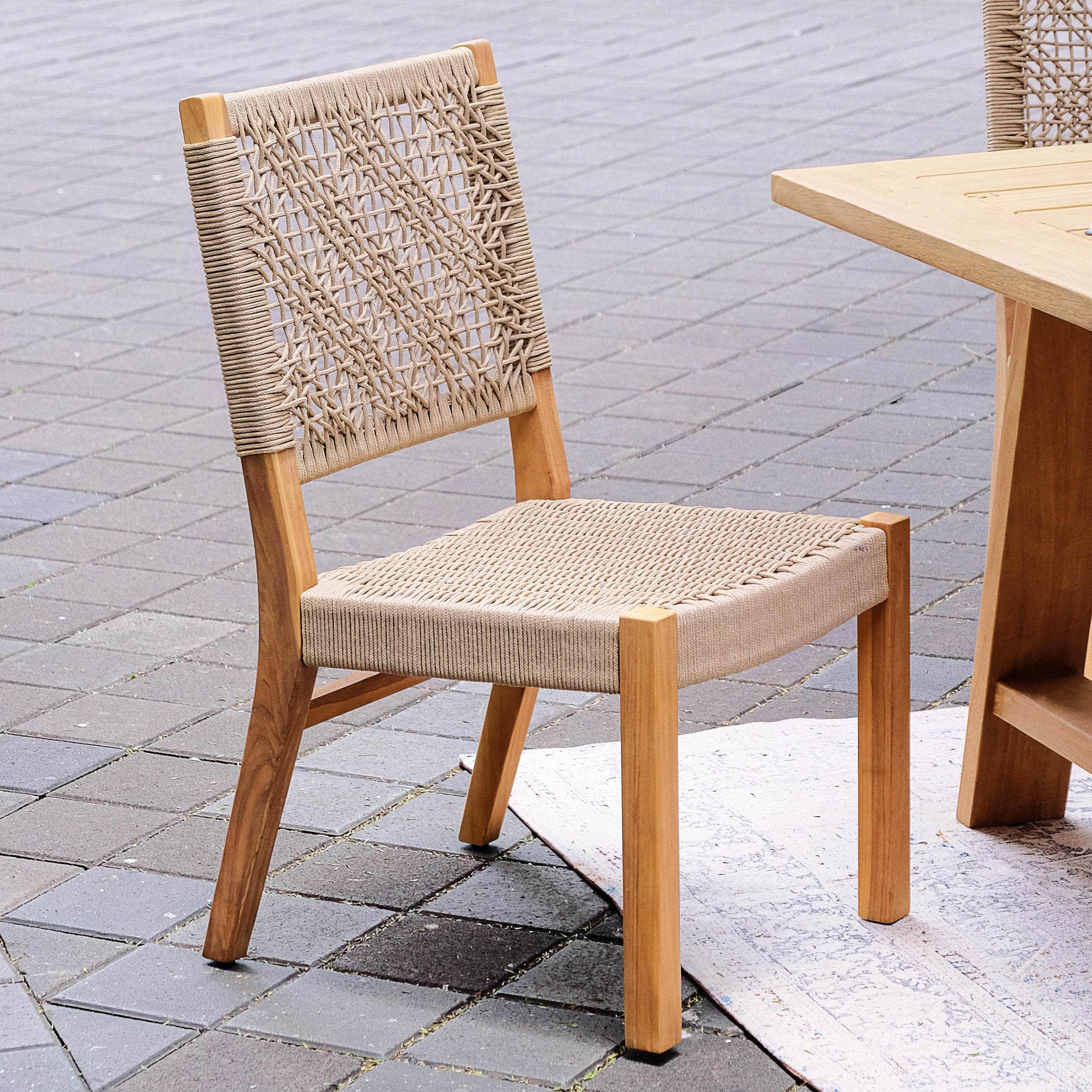 Eden 5 Piece Teak Wood Outdoor Dining Round Table with Tan Polyrope - Image 13