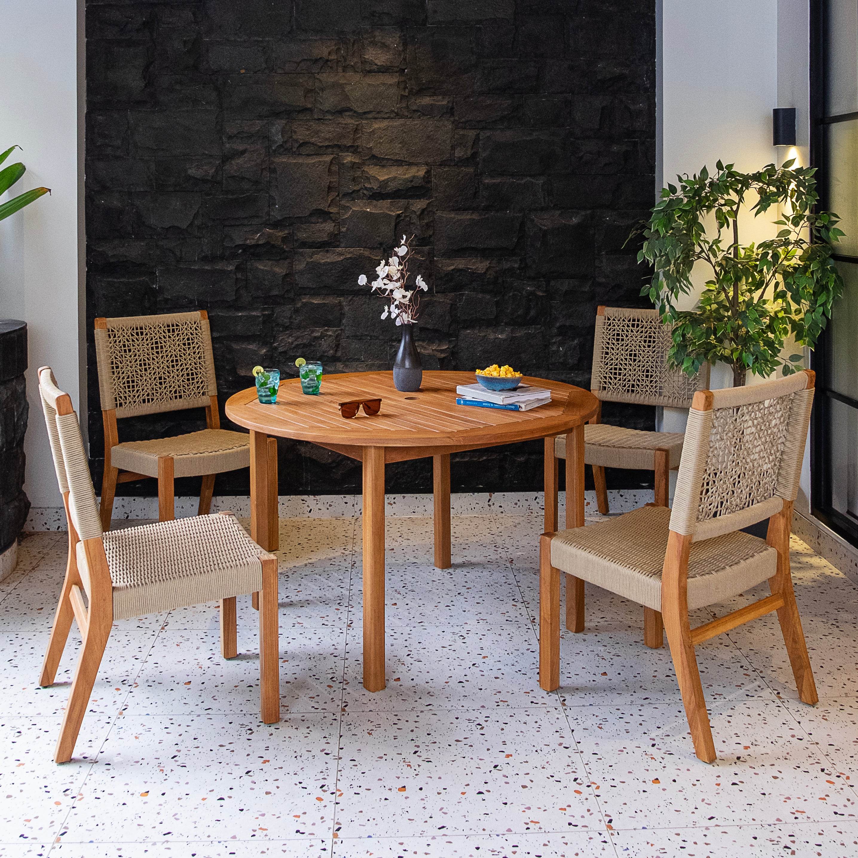 Eden 5 Piece Teak Wood Outdoor Dining Round Table with Tan Polyrope - Image 2