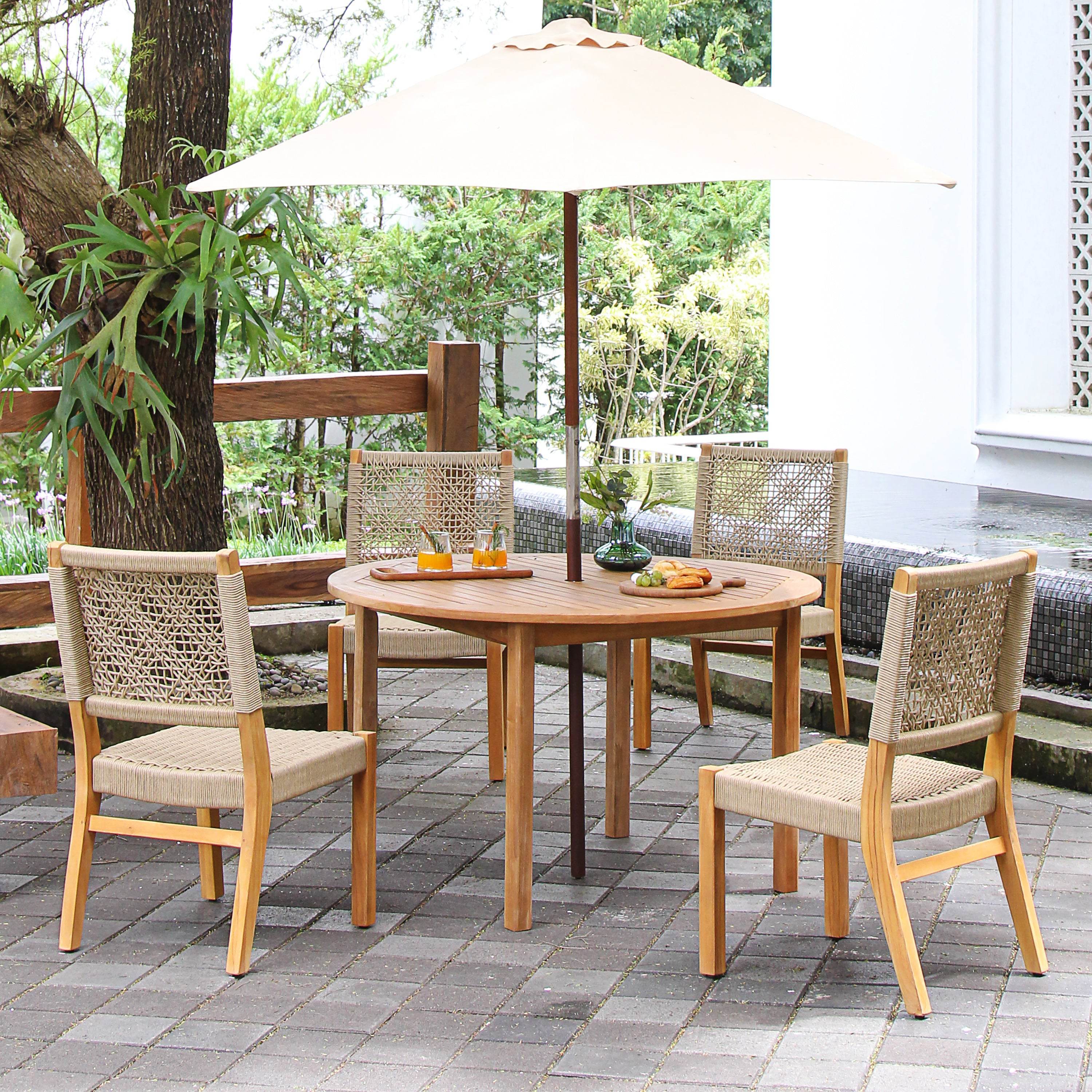 Eden 5 Piece Teak Wood Outdoor Dining Round Table with Tan Polyrope - Image 3