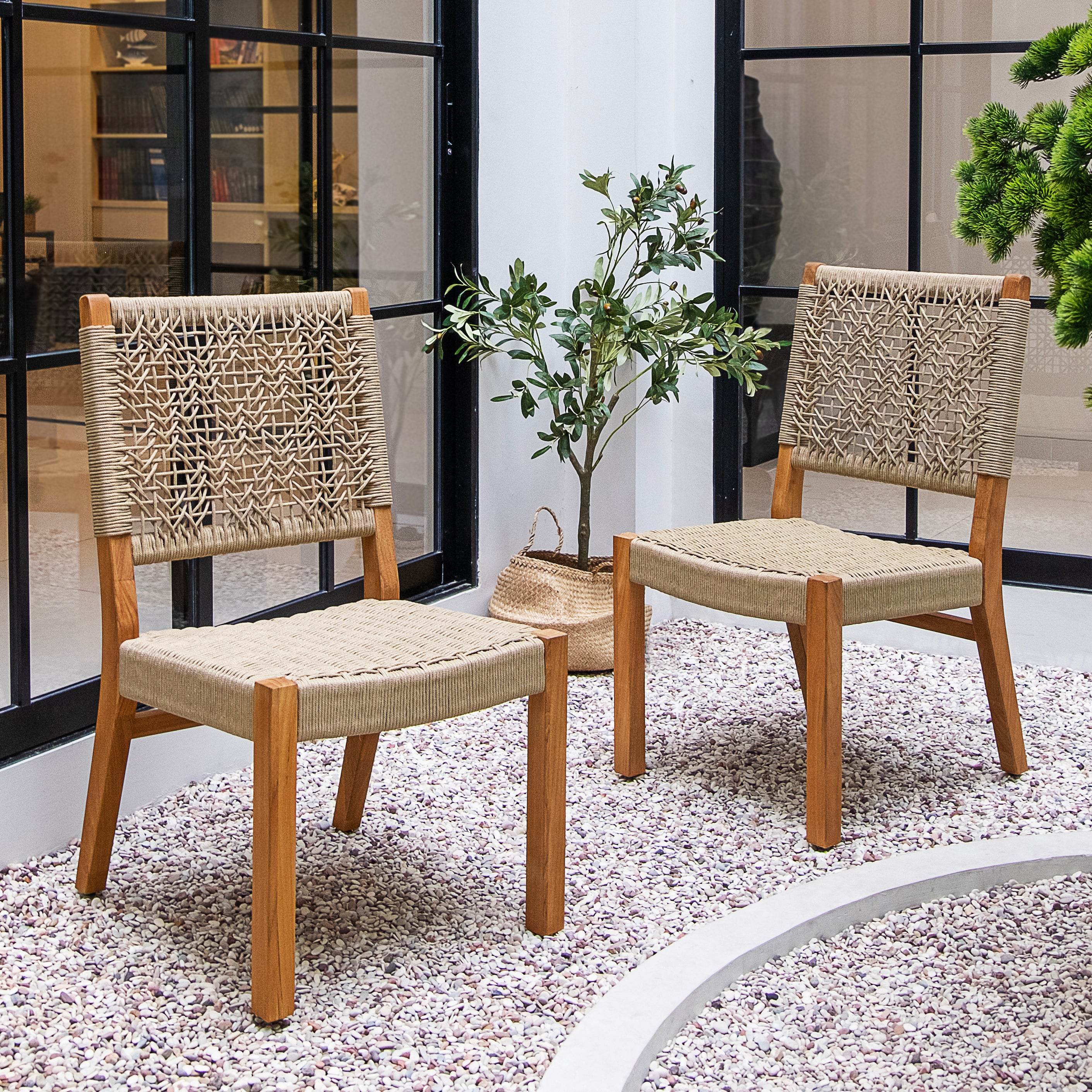 Eden 5 Piece Teak Wood Outdoor Dining Round Table with Tan Polyrope - Image 7