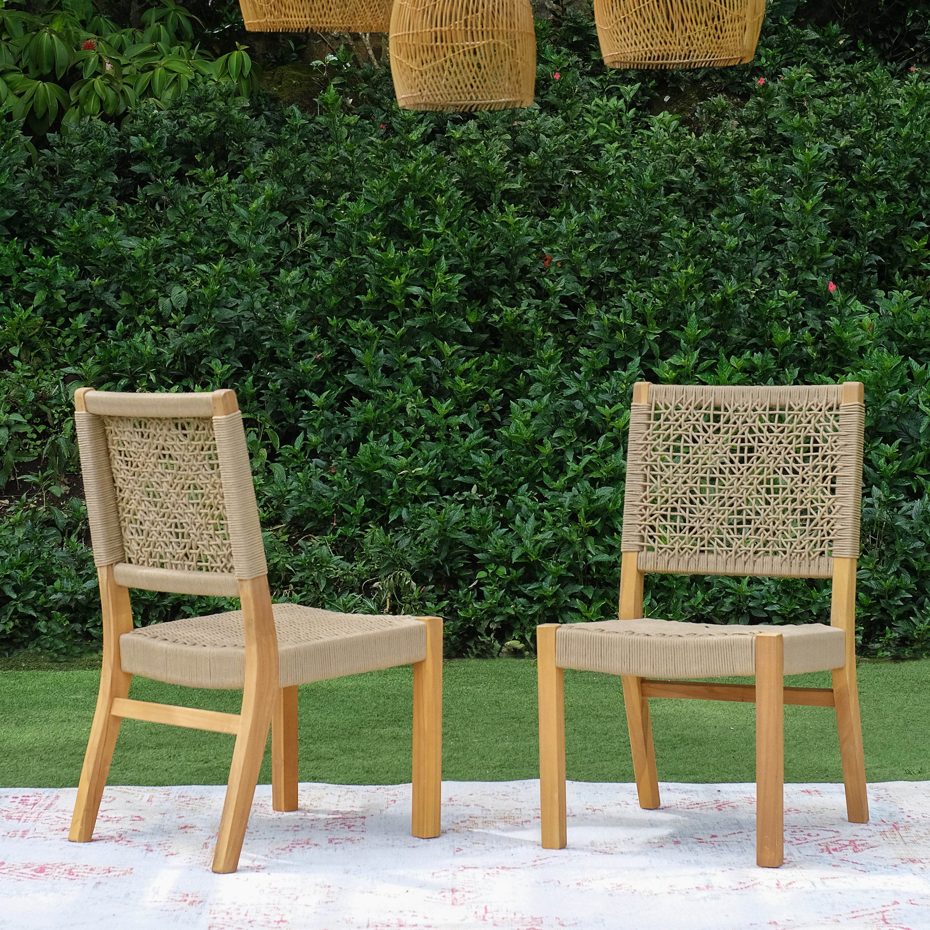 Eden 5 Piece Teak Wood Outdoor Dining Round Table with Tan Polyrope - Image 9