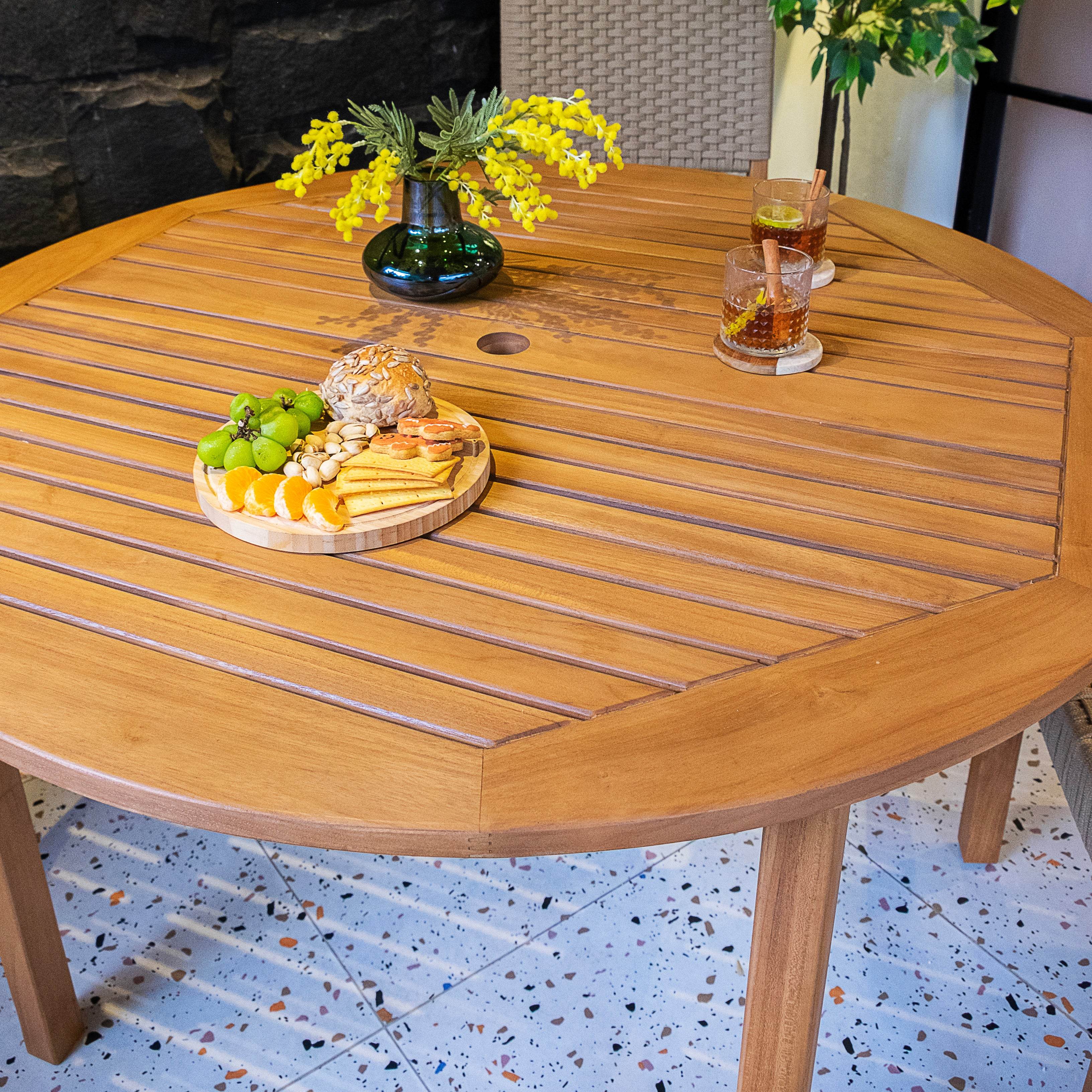 Eden 5 Piece Teak Wood Outdoor Dining Set with Tan Polyrope - Image 13