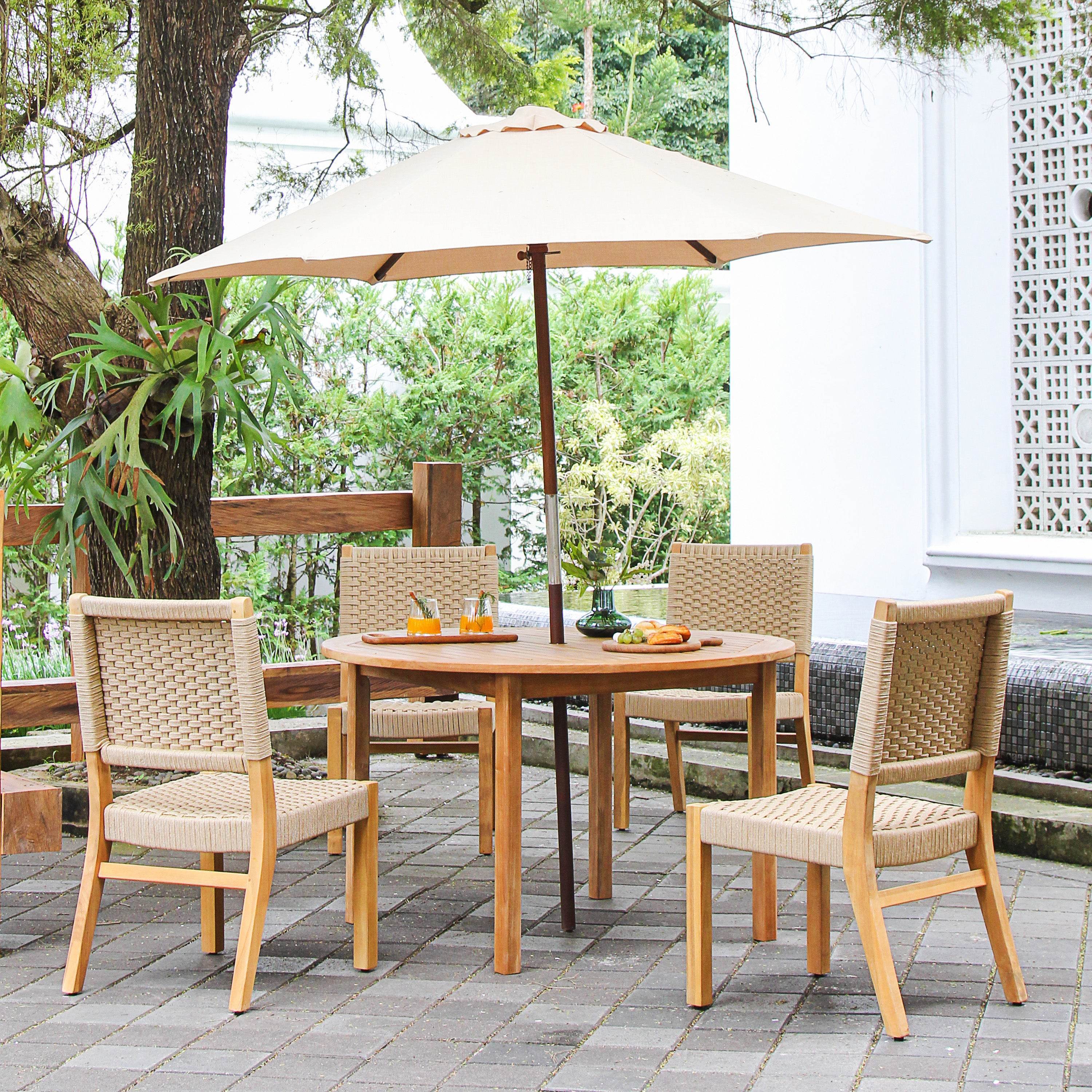 Eden 5 Piece Teak Wood Outdoor Dining Set with Tan Polyrope - Image 3