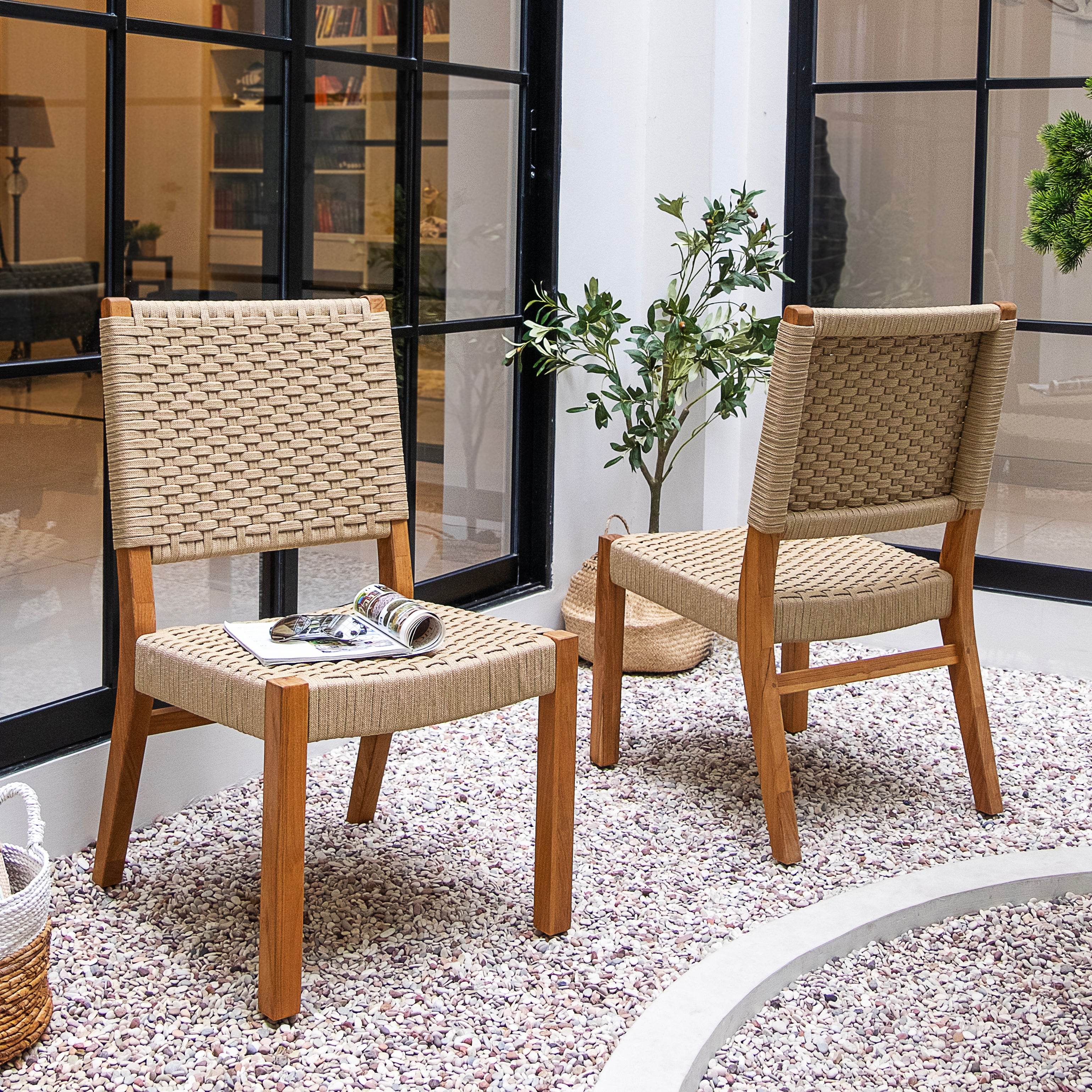 Eden 5 Piece Teak Wood Outdoor Dining Set with Tan Polyrope - Image 4