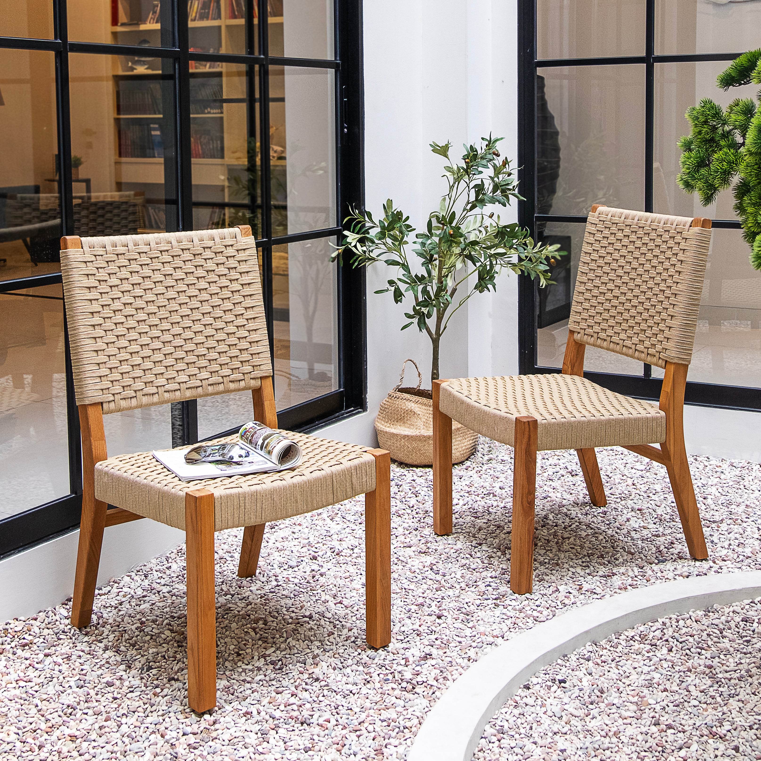 Eden 5 Piece Teak Wood Outdoor Rectangular Dining Table with Tan Polyrope - Image 10