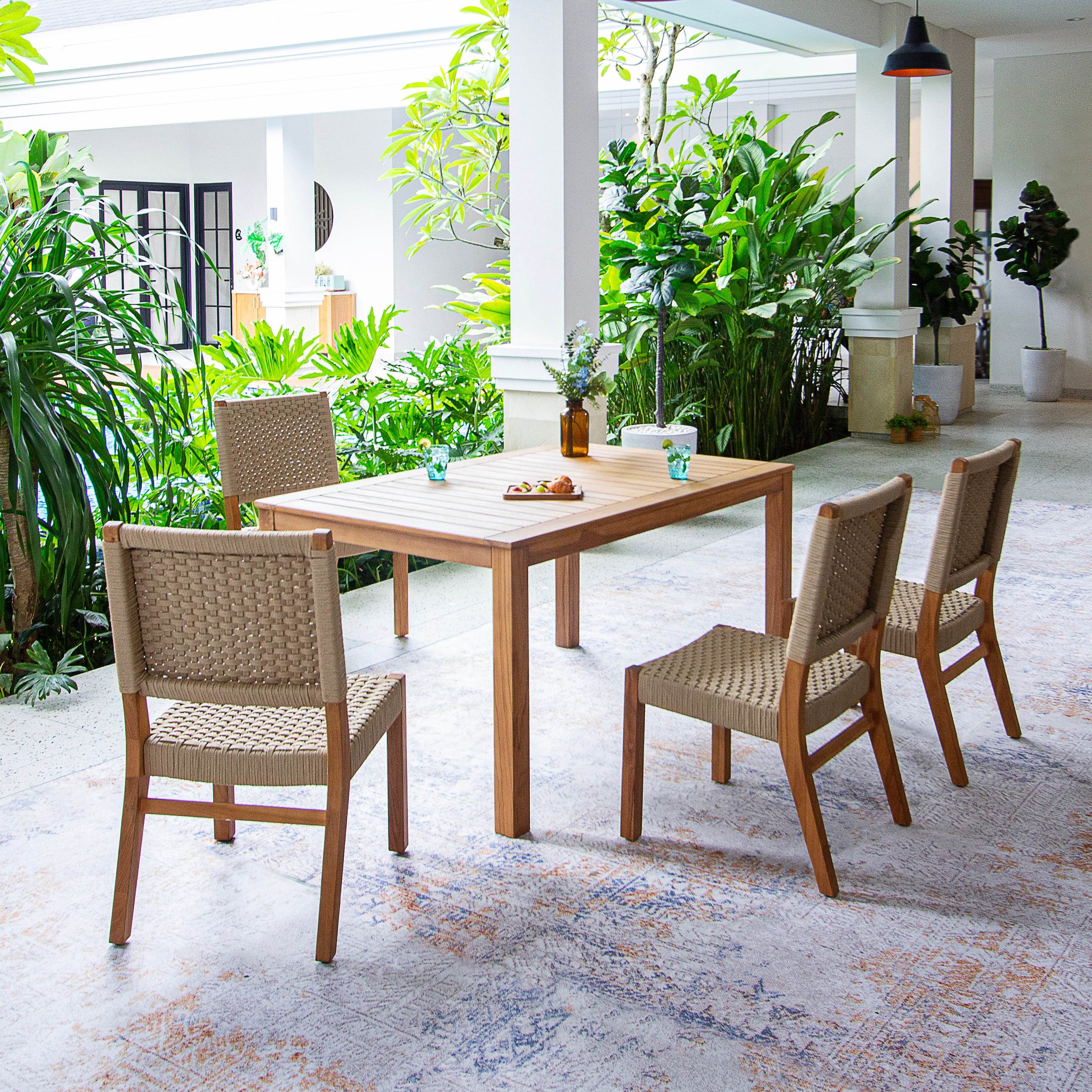 Eden 5 Piece Teak Wood Outdoor Rectangular Dining Table with Tan Polyrope - Image 3