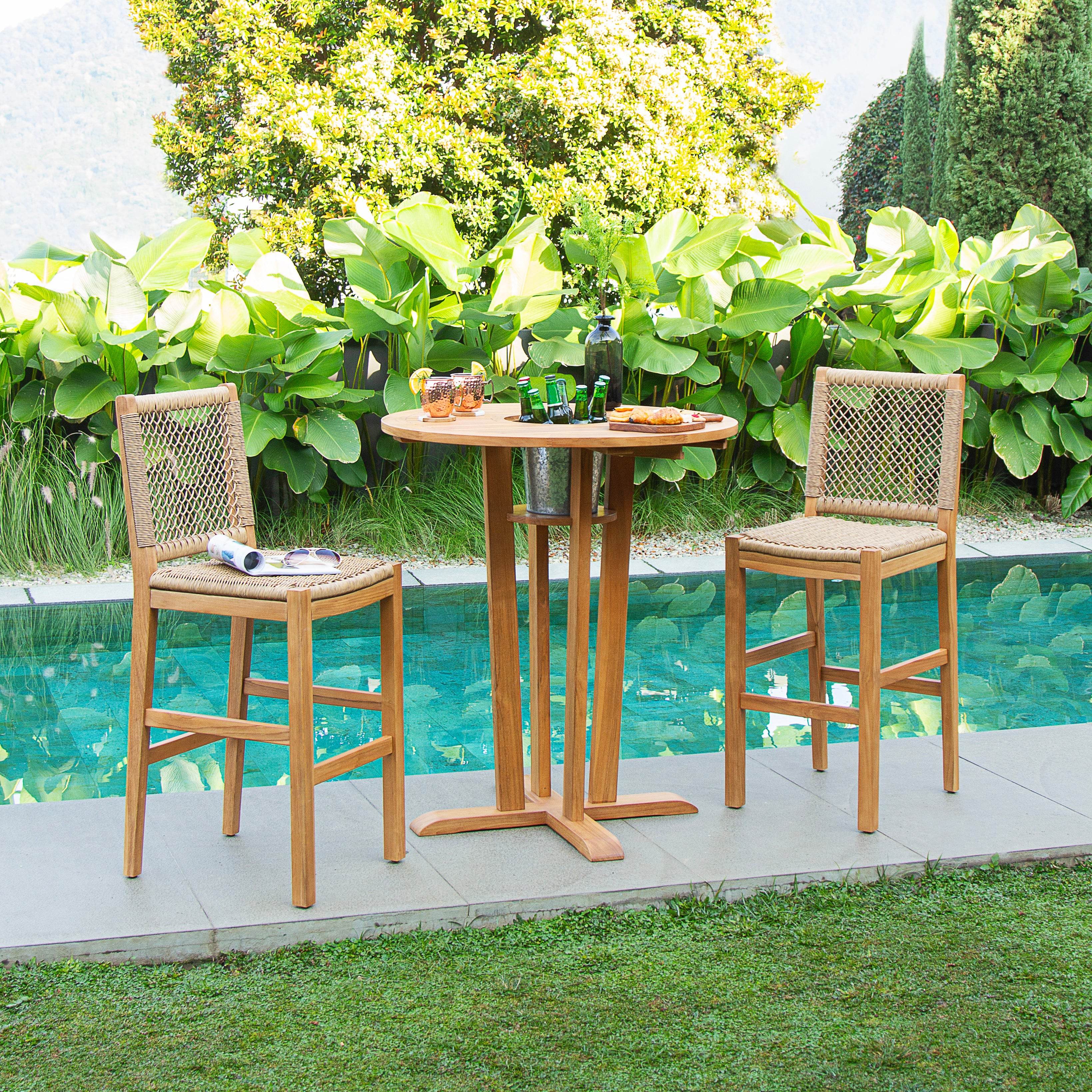 Eden Teak Wood 2 Pieces Outdoor Barstool with Honey Twist Wicker - Image 4