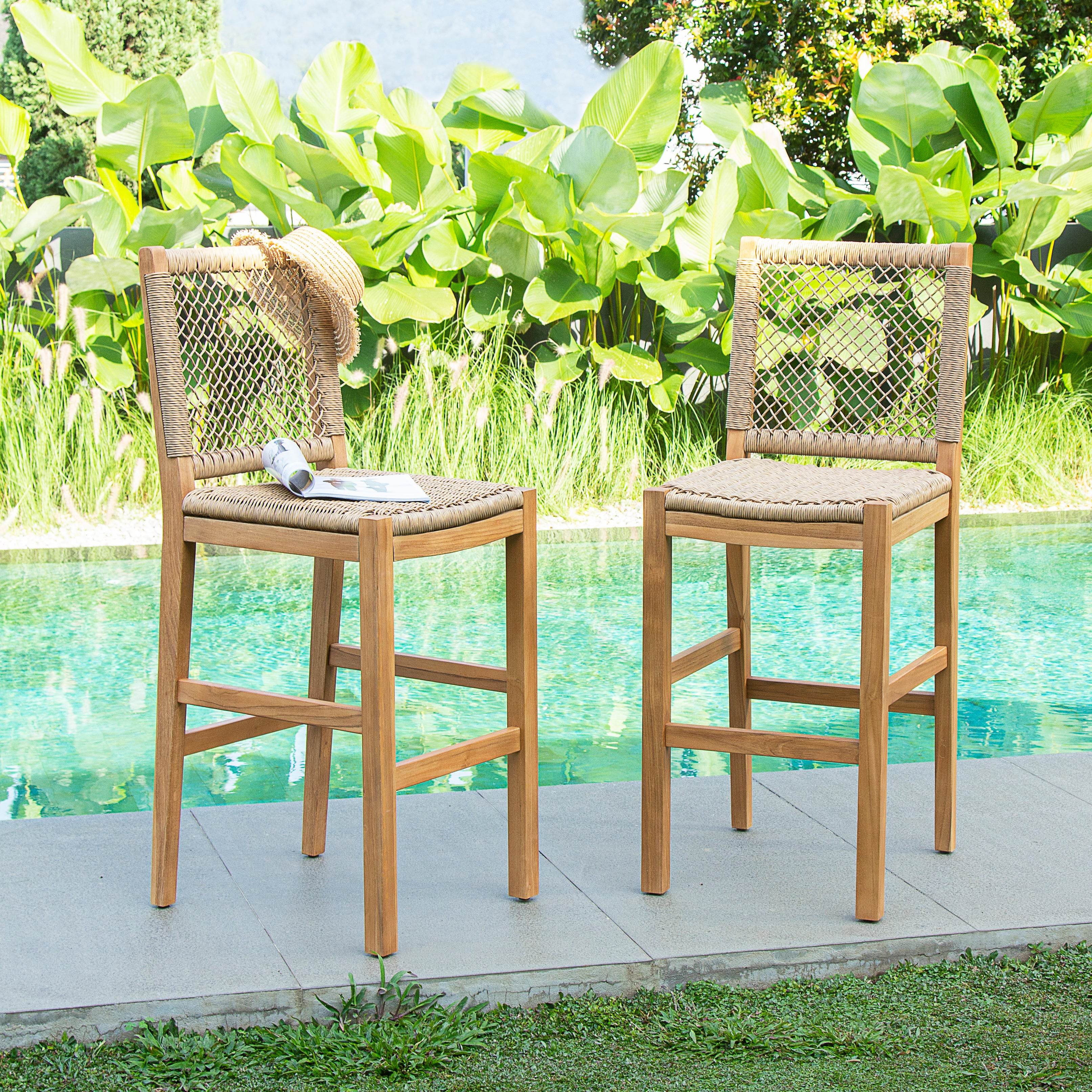 Eden Teak Wood 2 Pieces Outdoor Barstool with Honey Twist Wicker - Image 7