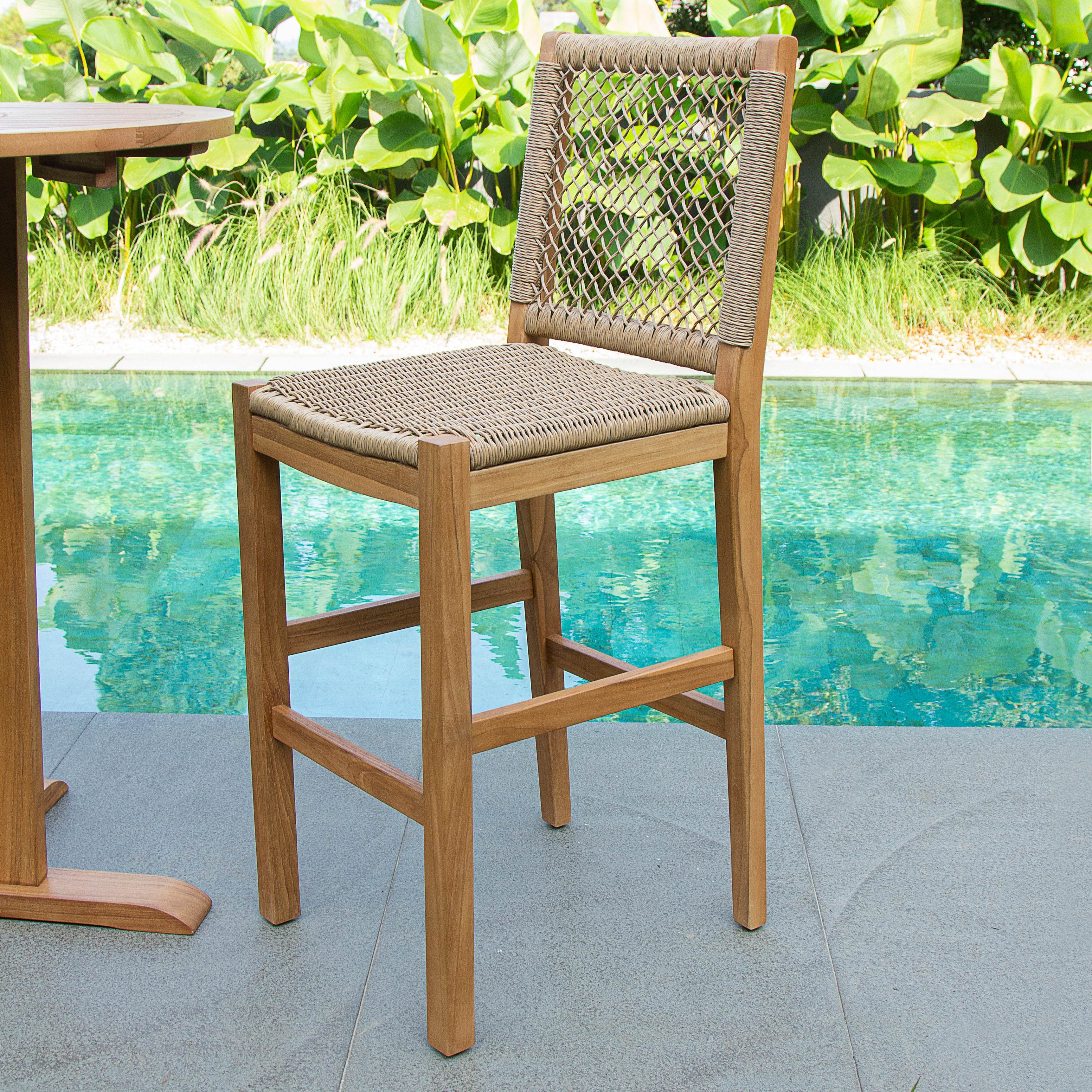 Eden Teak Wood 2 Pieces Outdoor Barstool with Honey Twist Wicker - Image 8