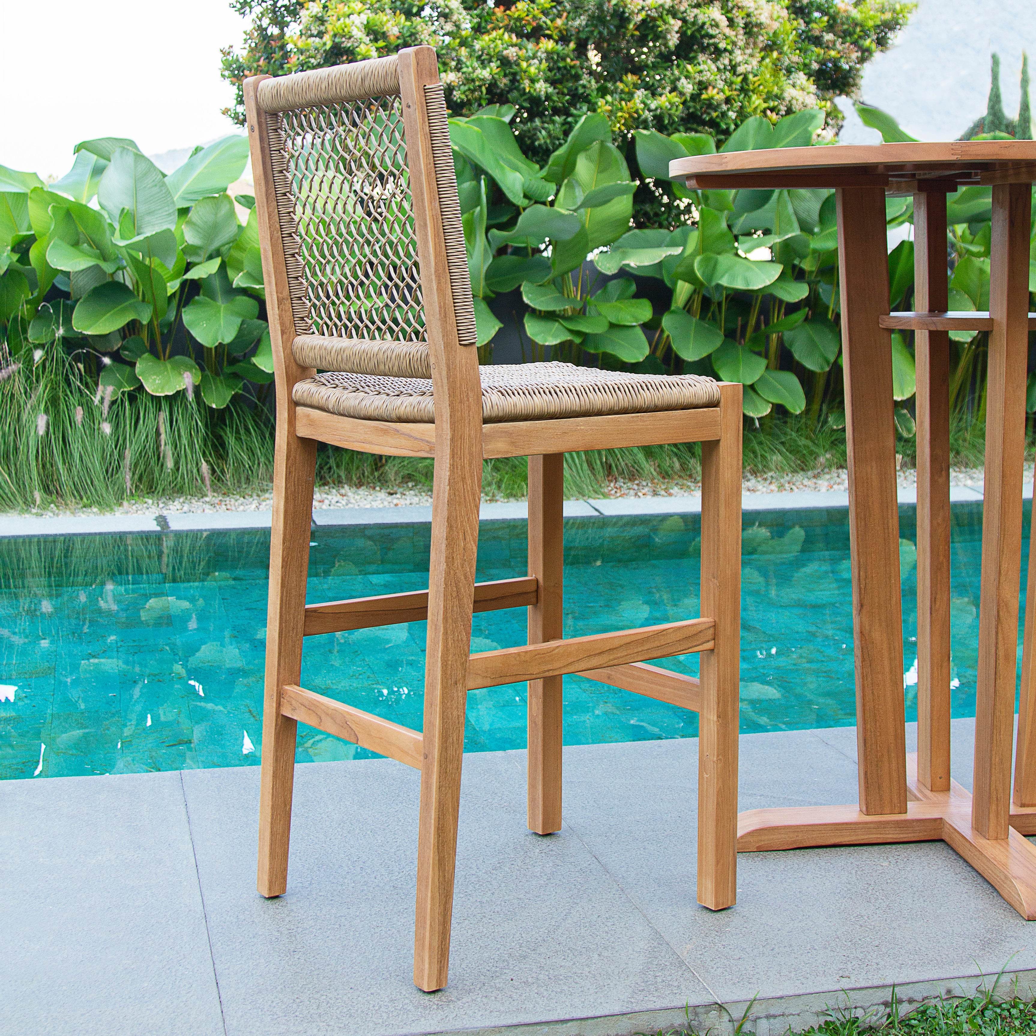 Eden Teak Wood 2 Pieces Outdoor Barstool with Honey Twist Wicker - Image 9