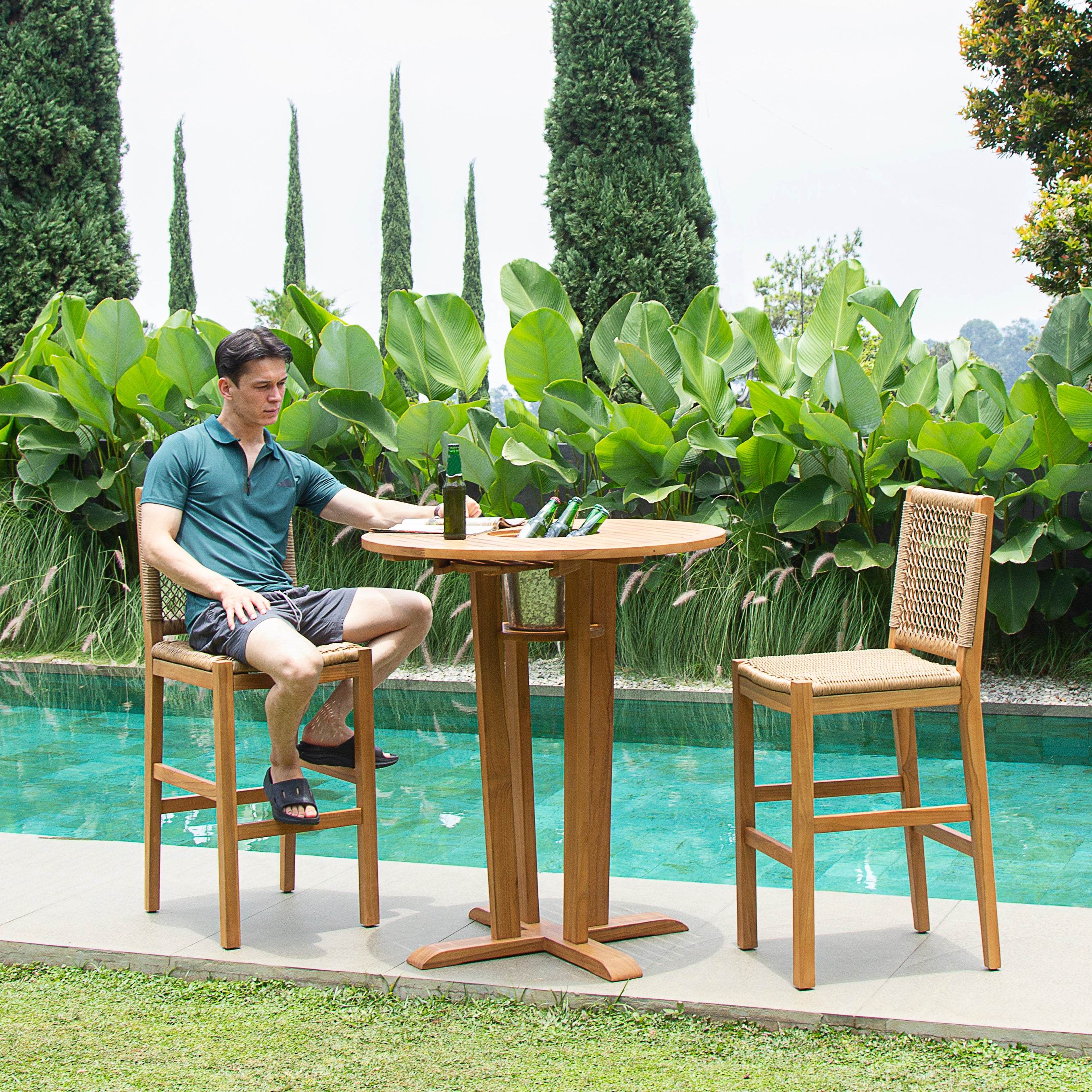 Eden Teak Wood 3 Piece Outdoor Bar Dining Set - Image 2