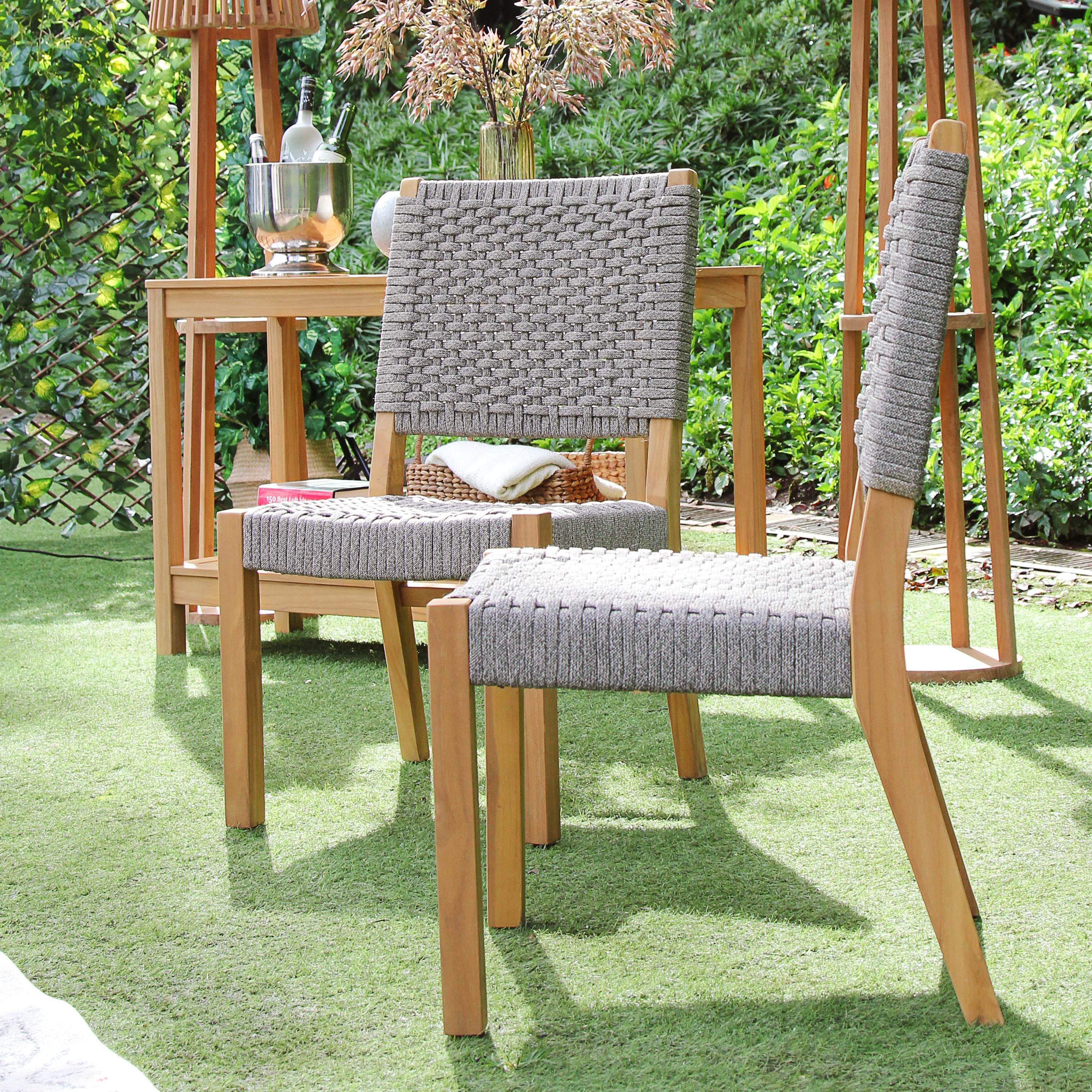 Eden Teak Wood 4 Piece Outdoor Dining Set with Gray Polyrope - Image 12