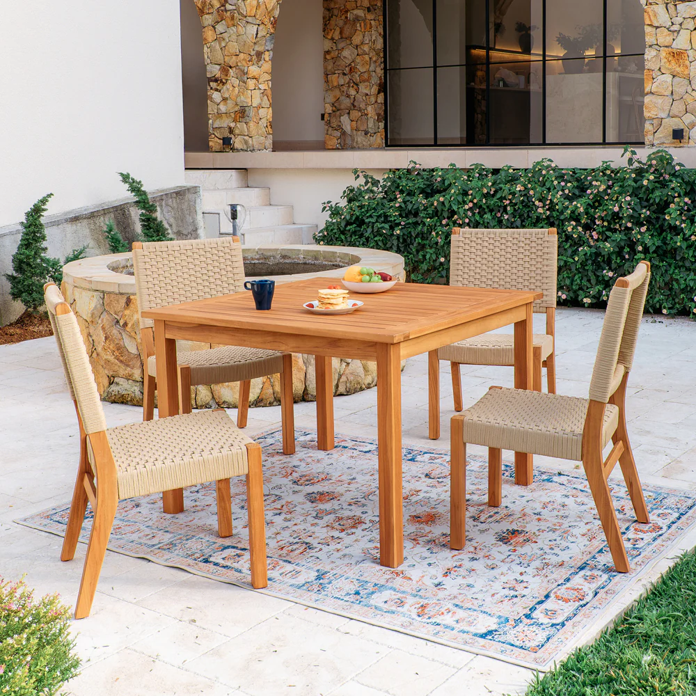Eden Teak Wood 5 Piece Outdoor Dining Set with Tan Polyrope - Image 3