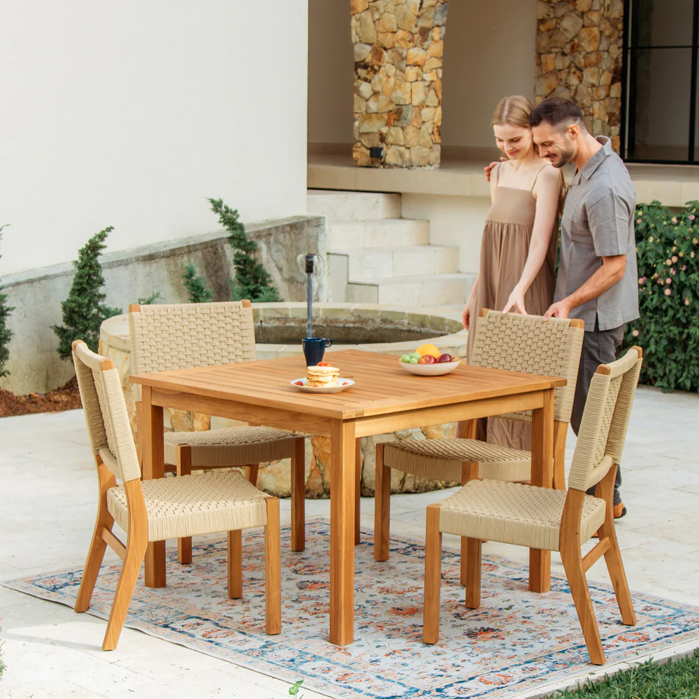 Eden Teak Wood 5 Piece Outdoor Dining Set with Tan Polyrope - Image 4