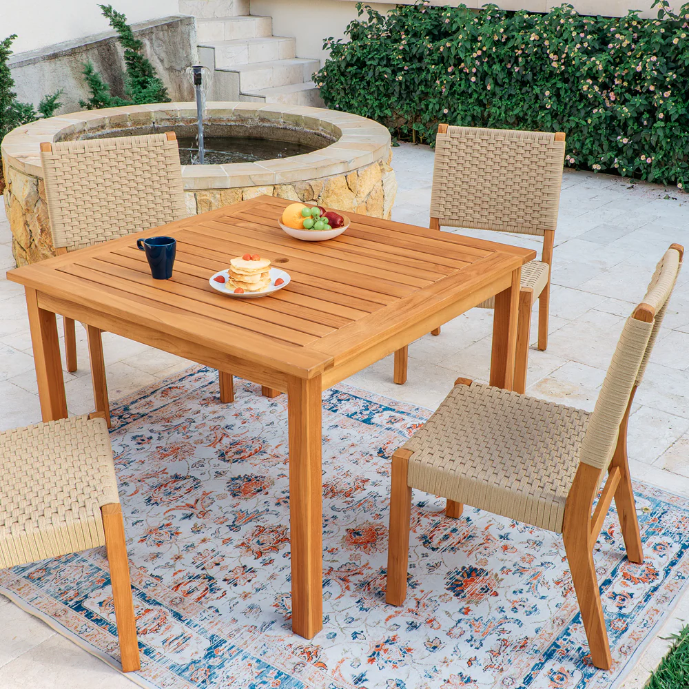Eden Teak Wood 5 Piece Outdoor Dining Set with Tan Polyrope - Image 5
