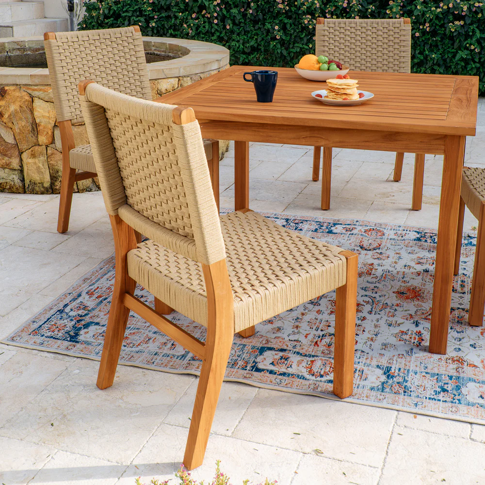 Eden Teak Wood 5 Piece Outdoor Dining Set with Tan Polyrope - Image 6