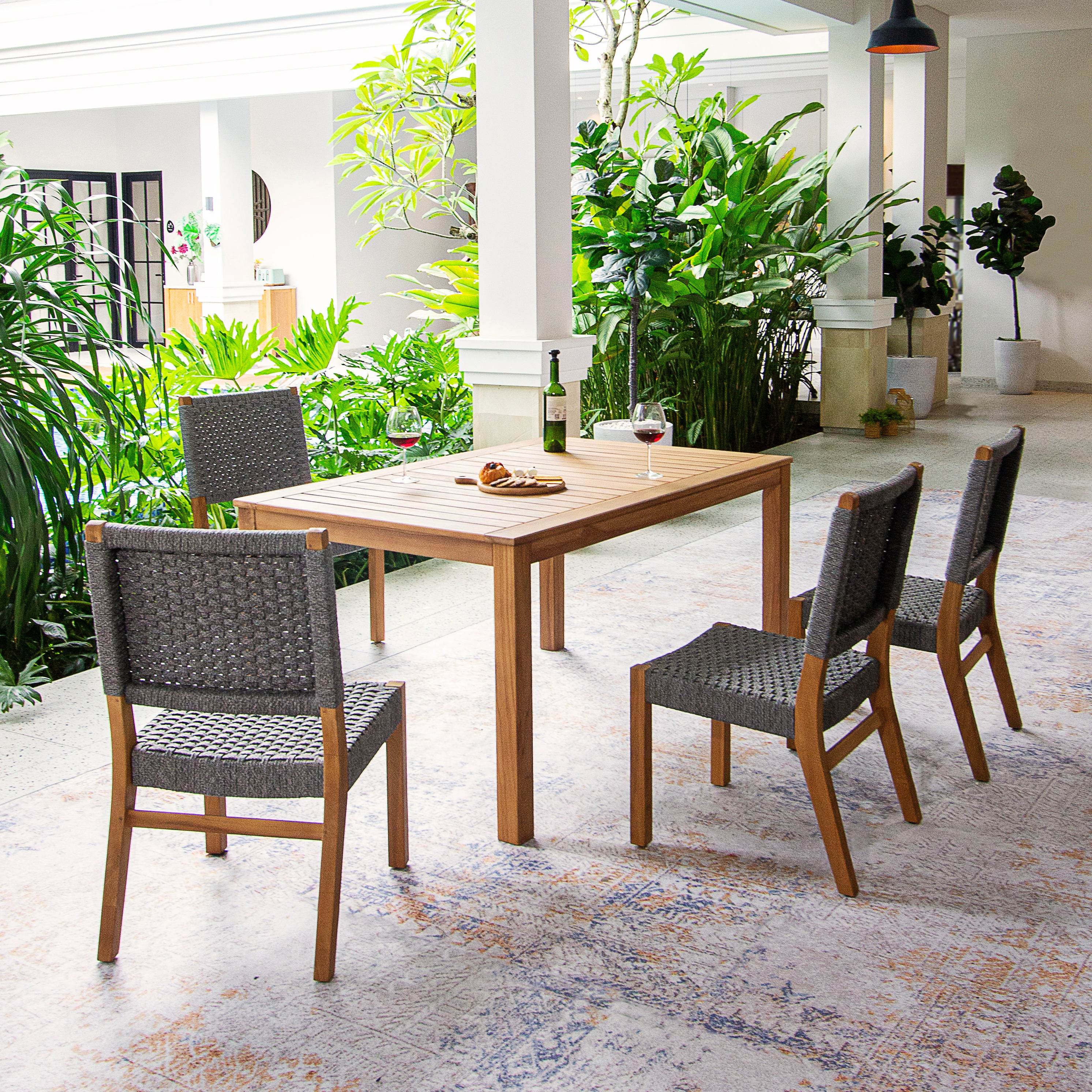 Eden Teak Wood 5 Pieces Outdoor Dining Set with Gray Polyrope - Image 2