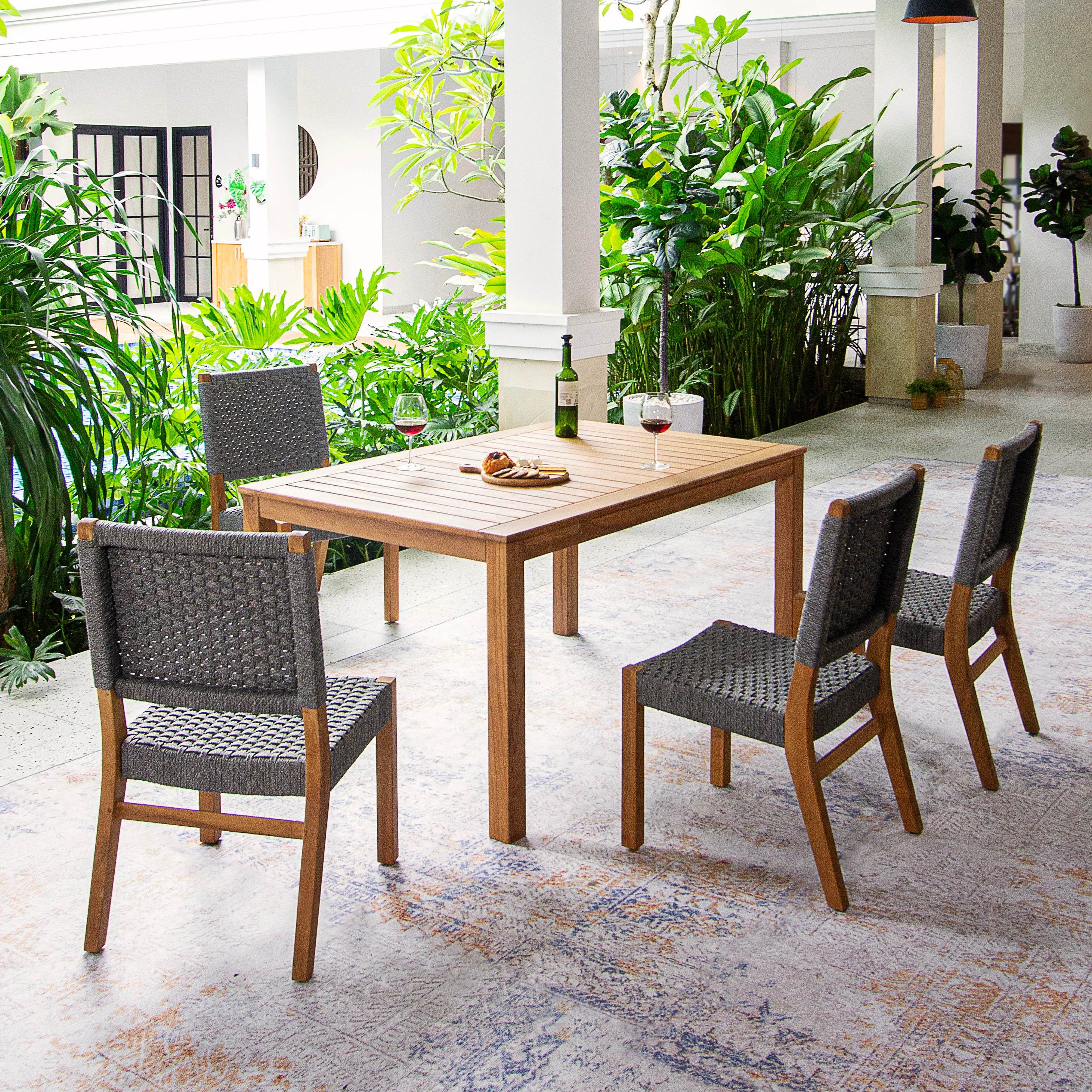 Eden Teak Wood 5 Pieces Outdoor Dining Set with Gray Polyrope - Image 3