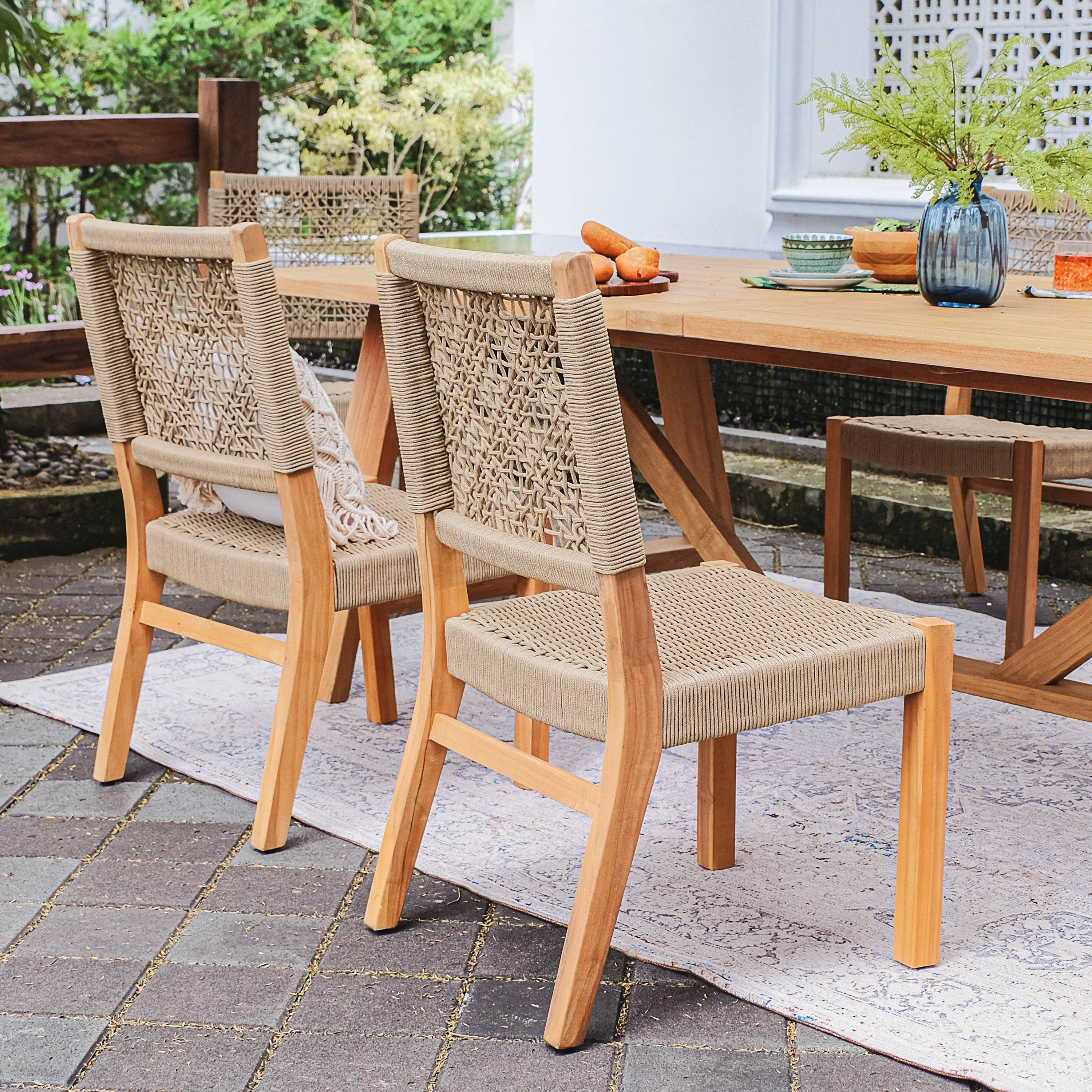 Eden Teak Wood 7 Pieces Outdoor Dining Set with Tan Polyrope - Image 6
