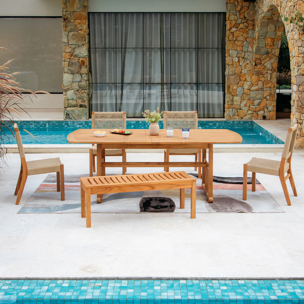 Eden Teak Wood 6 Piece Outdoor Dining Set with Tan Polyrope - Image 2