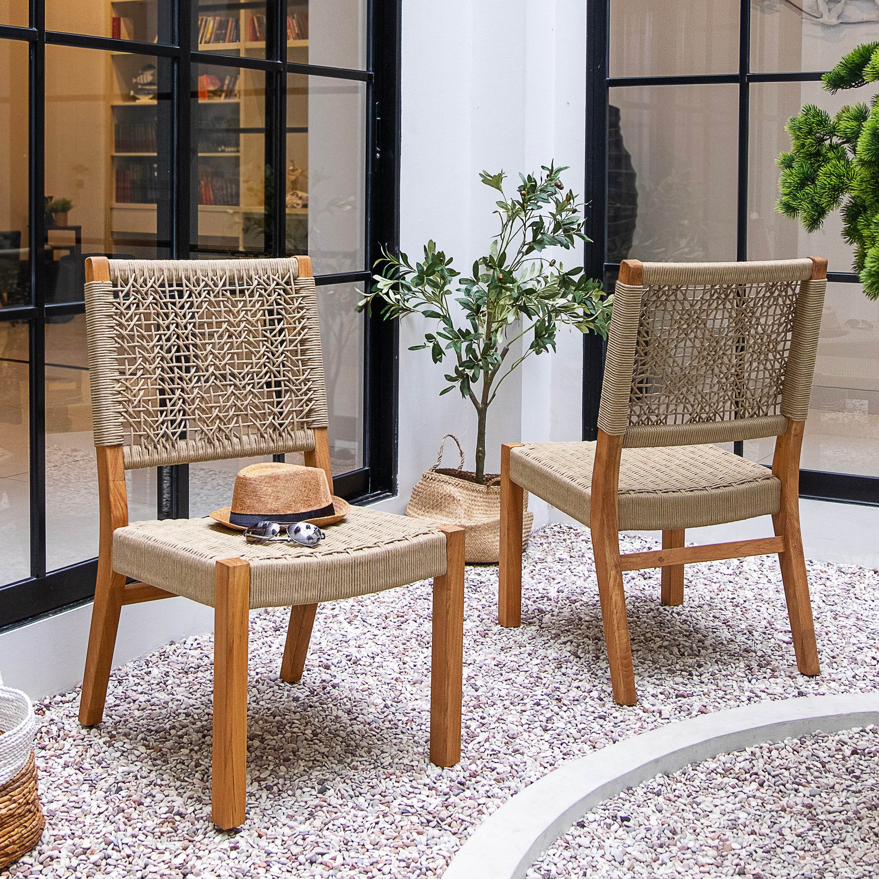 Eden 5 Piece Teak Wood Outdoor Dining Round Table with Tan Polyrope - Image 6