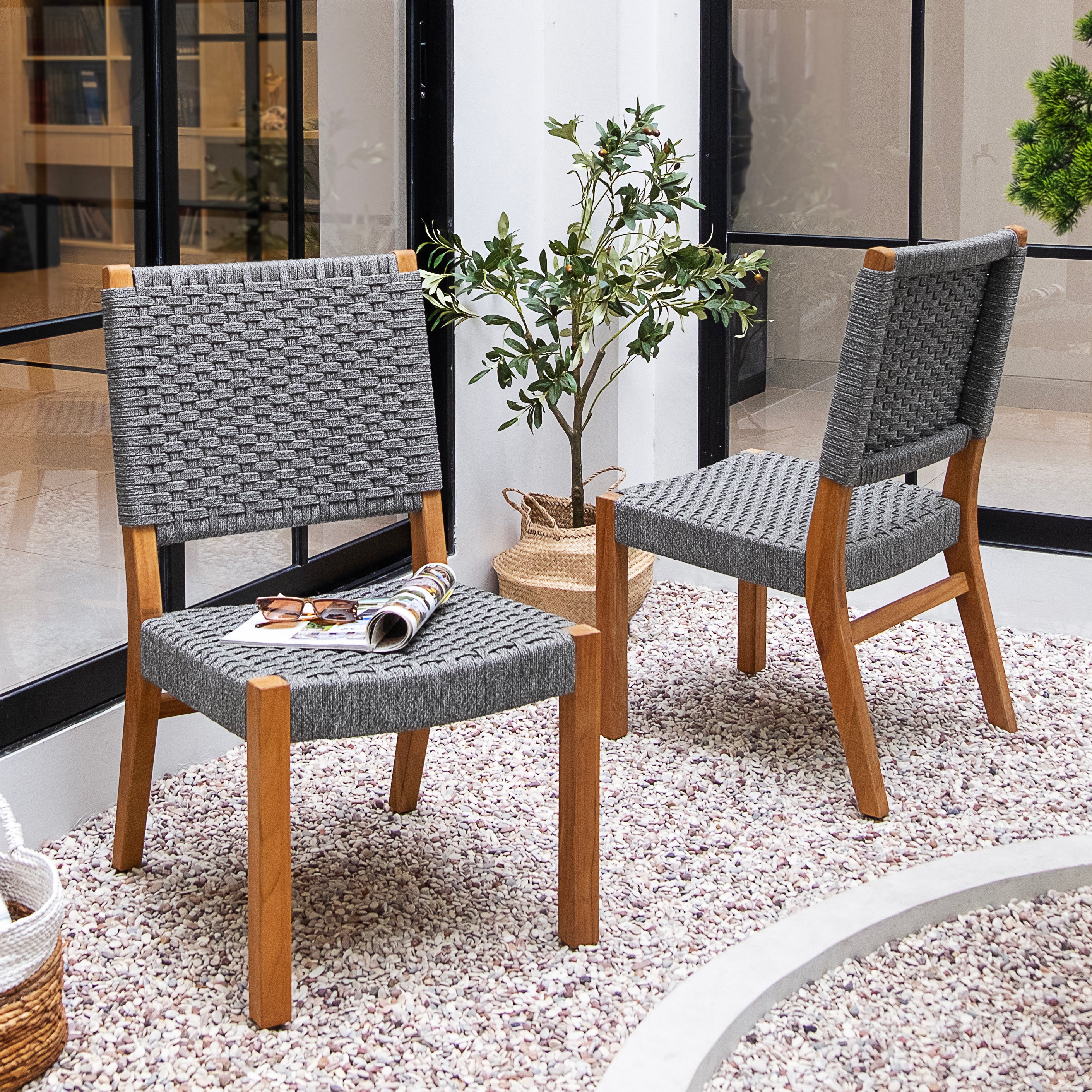 Eden Teak Wood 6 Pieces Outdoor Dining Set with Gray Polyrope - Image 3