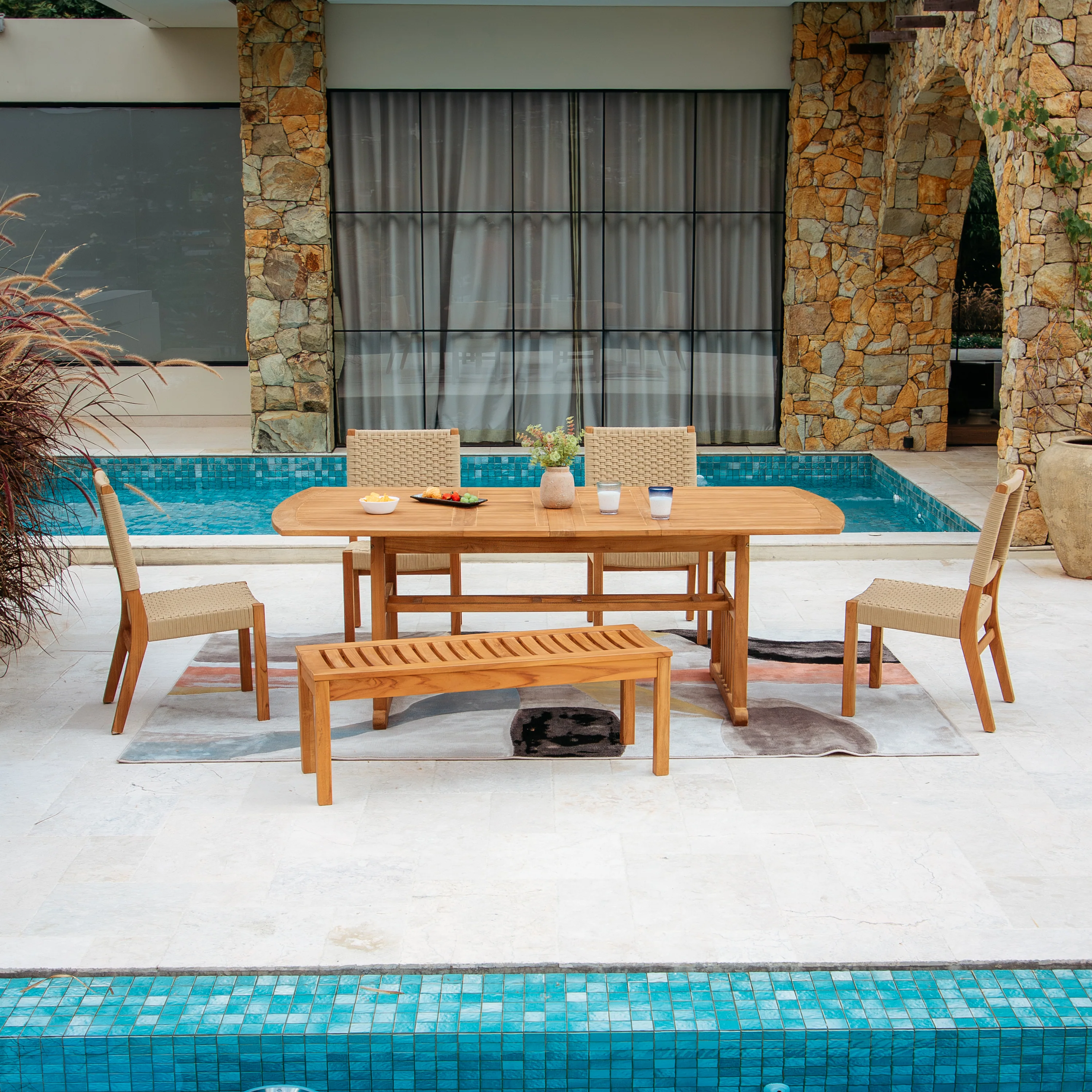 Eden Teak Wood 6 Pieces Outdoor Dining Set with Tan Polyrope - Image 2